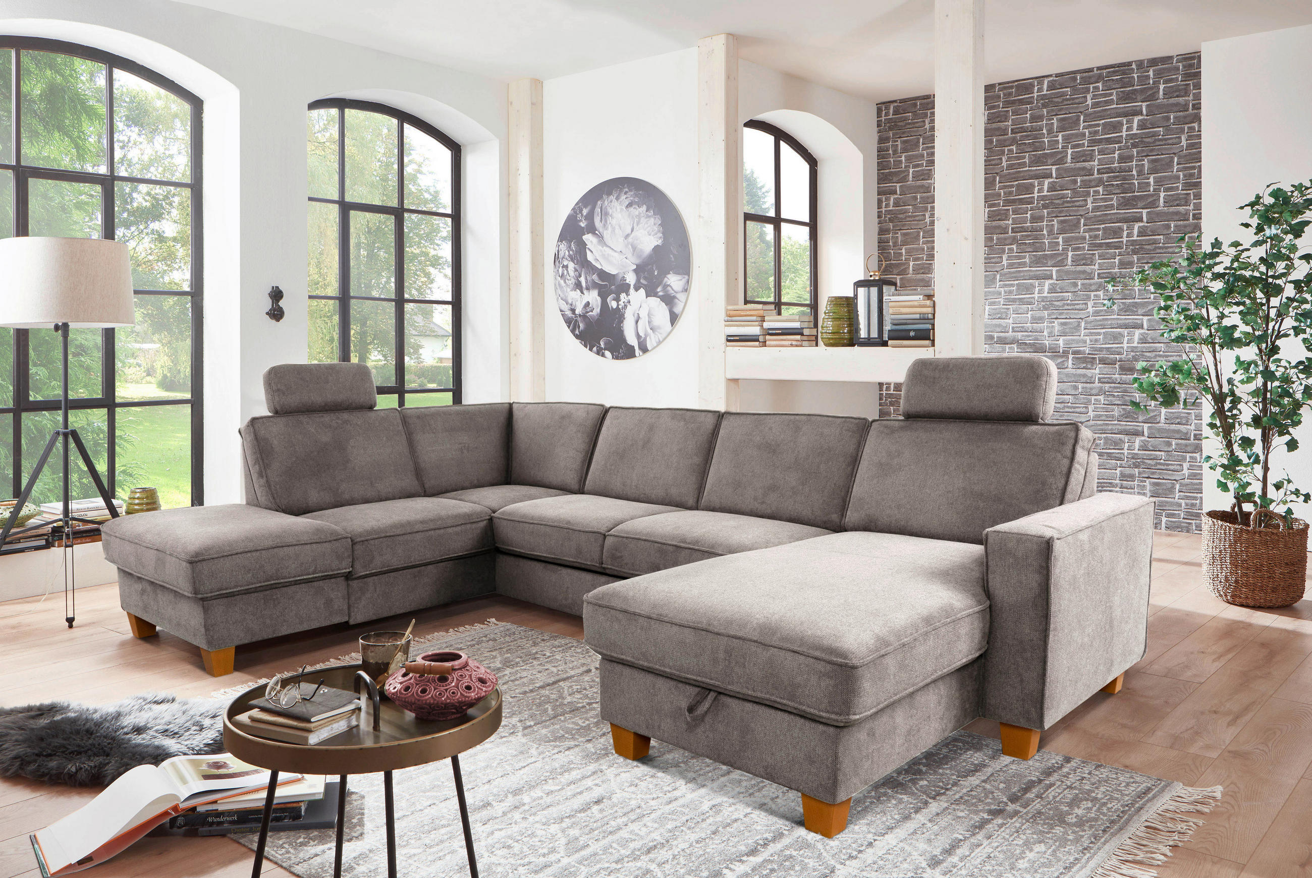 WOHNLANDSCHAFT in Flachgewebe Taupe  - Taupe/Eichefarben, Konventionell, Holz/Textil (213/309/161cm) - Sit & More
