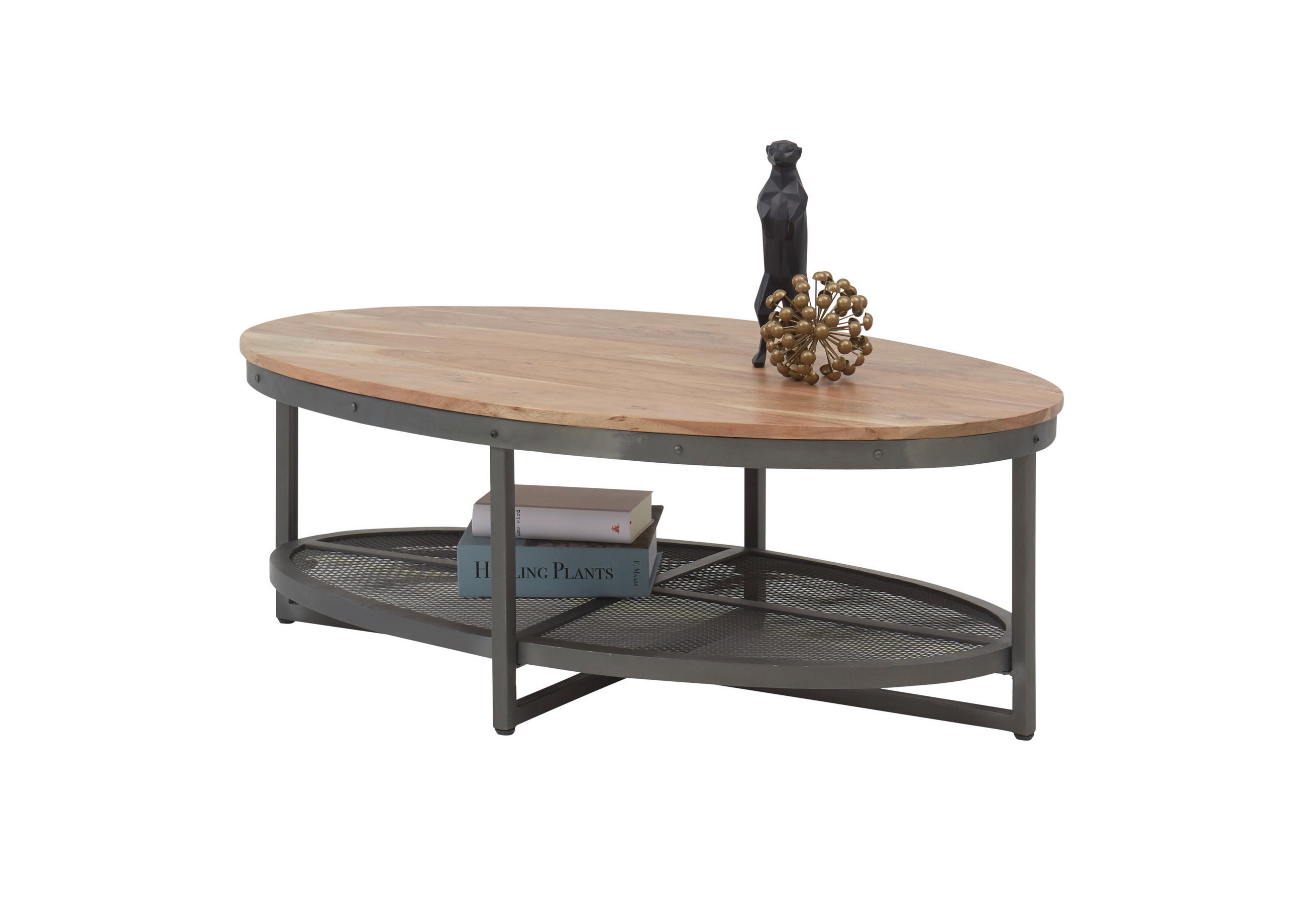COUCHTISCH Mangoholz massiv 121/71/44 cm oval Braun, Schwarz  - Schwarz/Braun, KONVENTIONELL, Holz/Metall (121/71/44cm) - MID.YOU
