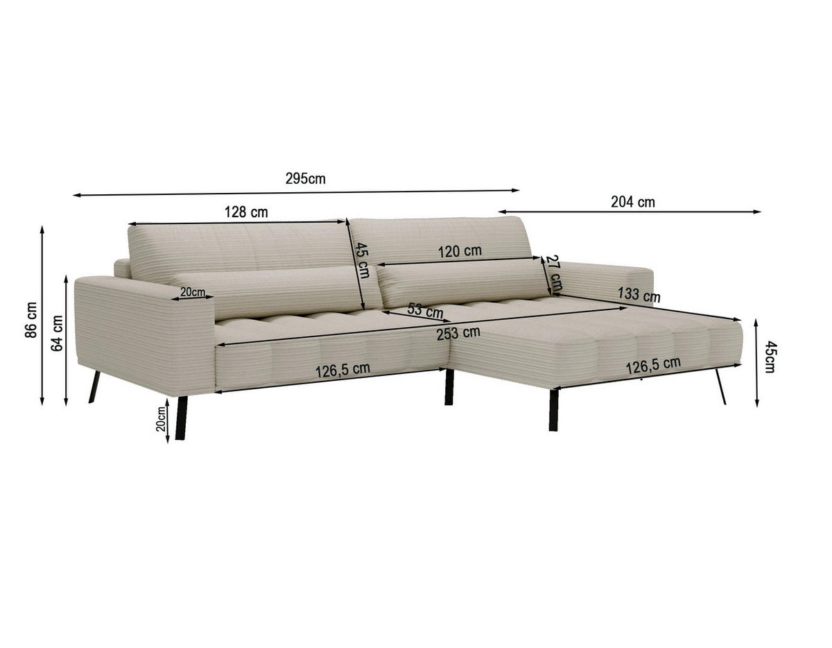 ECKSOFA Anthrazit Cord  - Anthrazit/Schwarz, Design, Textil/Metall (204/291cm) - Lomoco