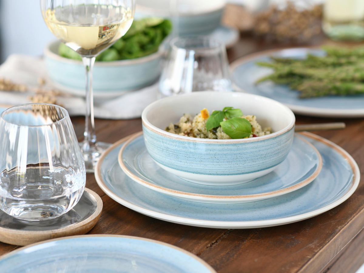 TAFELSERVICE Caoba 12-teilig  - Azurblau/Creme, Basics, Keramik - Creatable