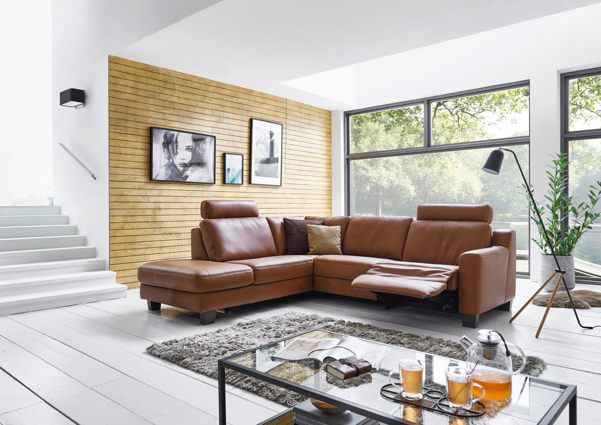 ECKSOFA in Echtleder Braun  - Eichefarben/Braun, Design, Leder/Holz (235/259cm) - Valdera