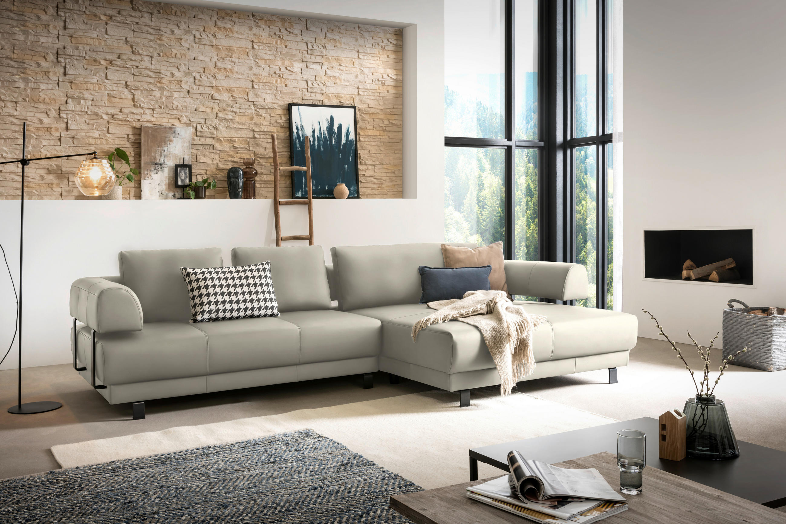 ECKSOFA in Echtleder Creme, Naturfarben  - Creme/Schwarz, Design, Leder/Metall (307/188cm)
