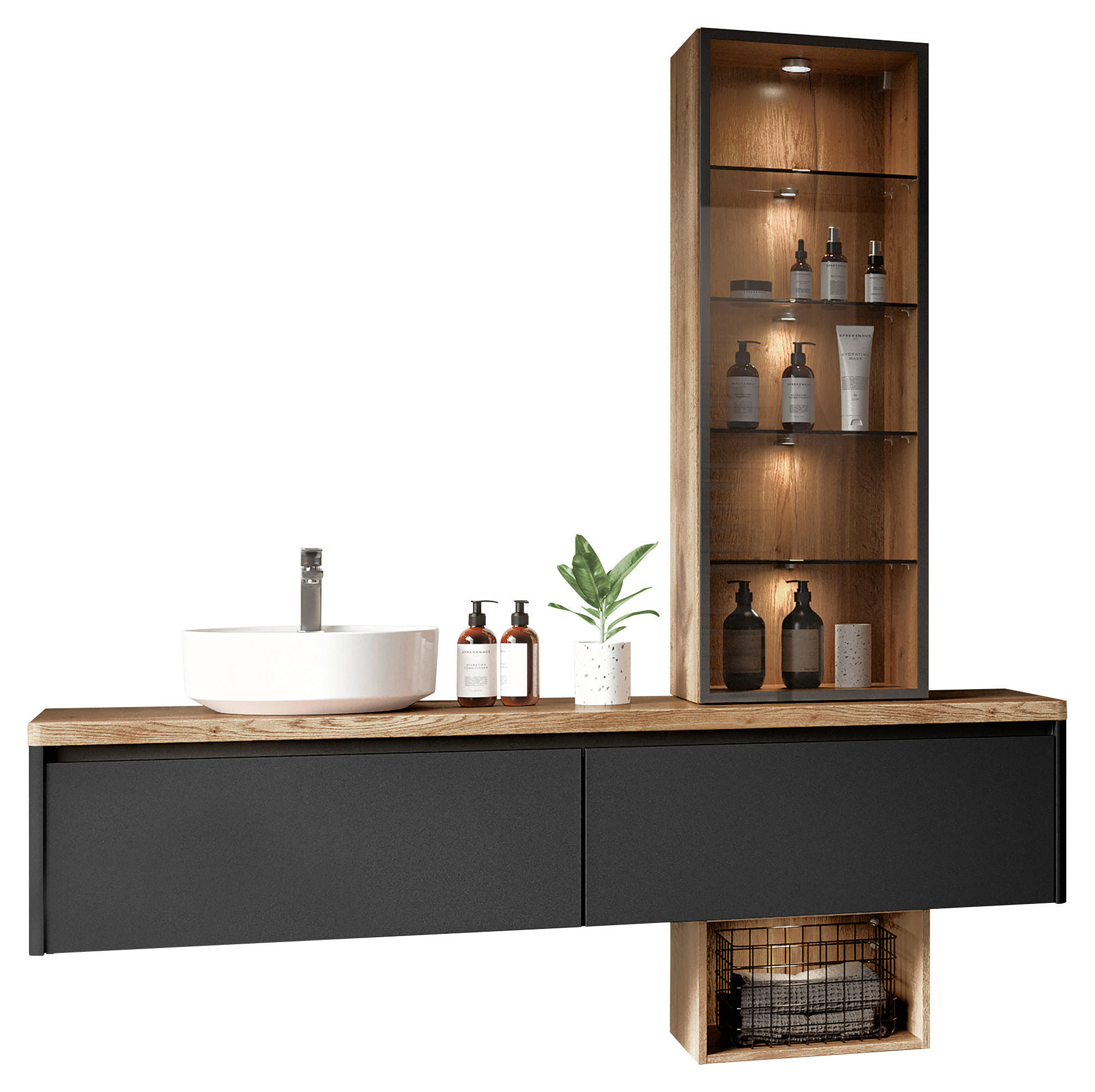 WASCHTISCHKOMBI 185,2 cm  - Eichefarben/Schwarz, MODERN, Glas/Keramik (185,2cm) - Celina Home
