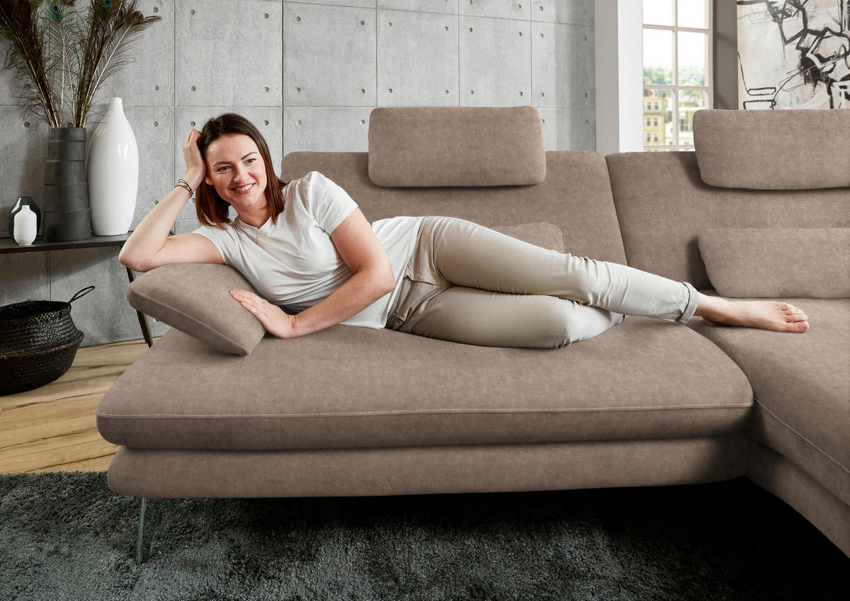 ECKSOFA in Velours Hellbraun  284/184 cm  - Hellbraun/Schwarz, Design, Textil/Metall (284/184cm) - Dieter Knoll