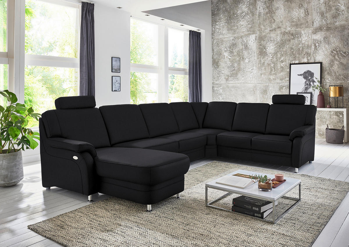 WOHNLANDSCHAFT Echtleder Schwarz  - Alufarben/Schwarz, Konventionell, Leder/Metall (165/329/239cm) - Beldomo Premium
