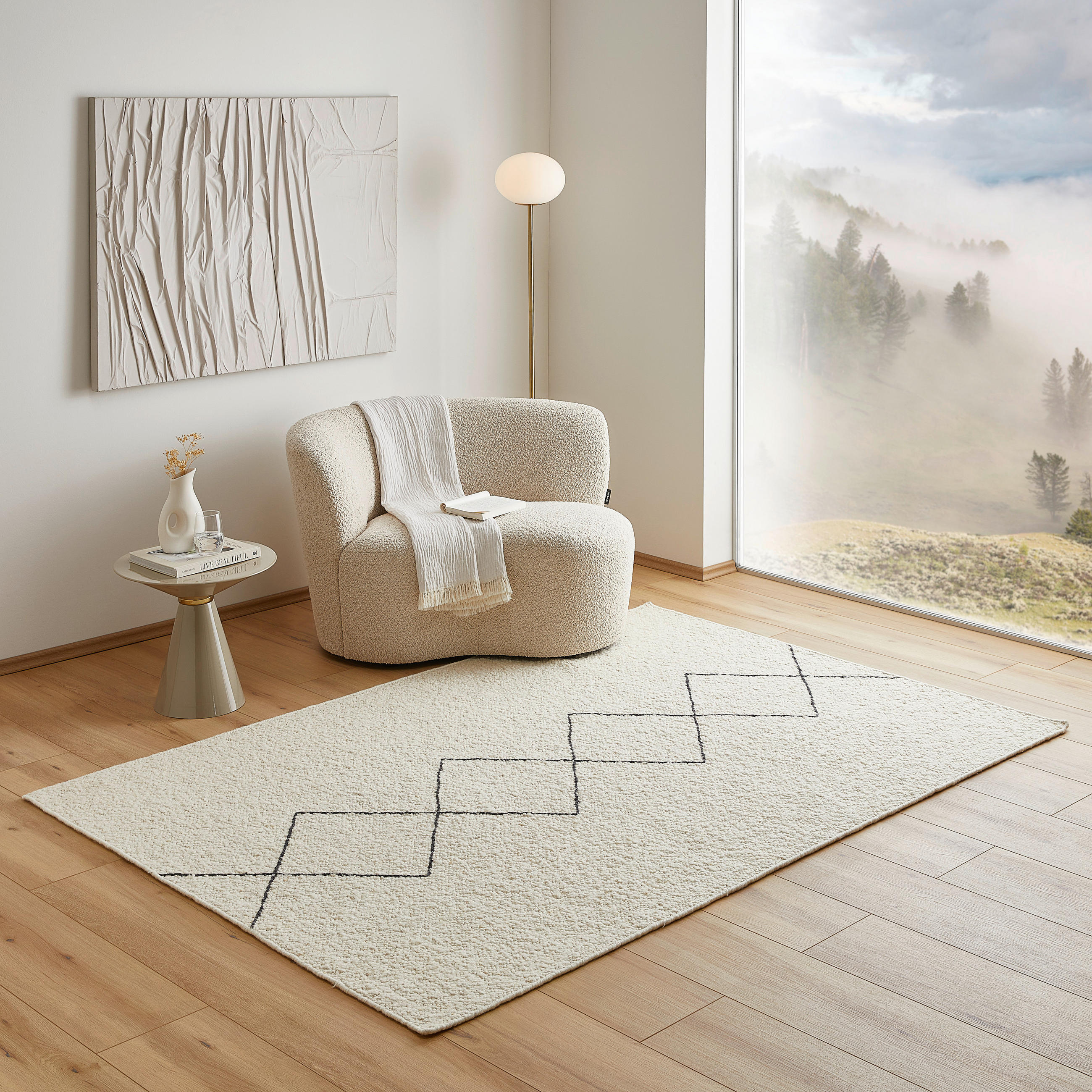 Thumbnail - Linea Natura Handwebteppich Atlas, Weiß, Textil, Raute, rechteckig, 130x190 cm, Care & Fair, AZO-frei, Handmade in India...