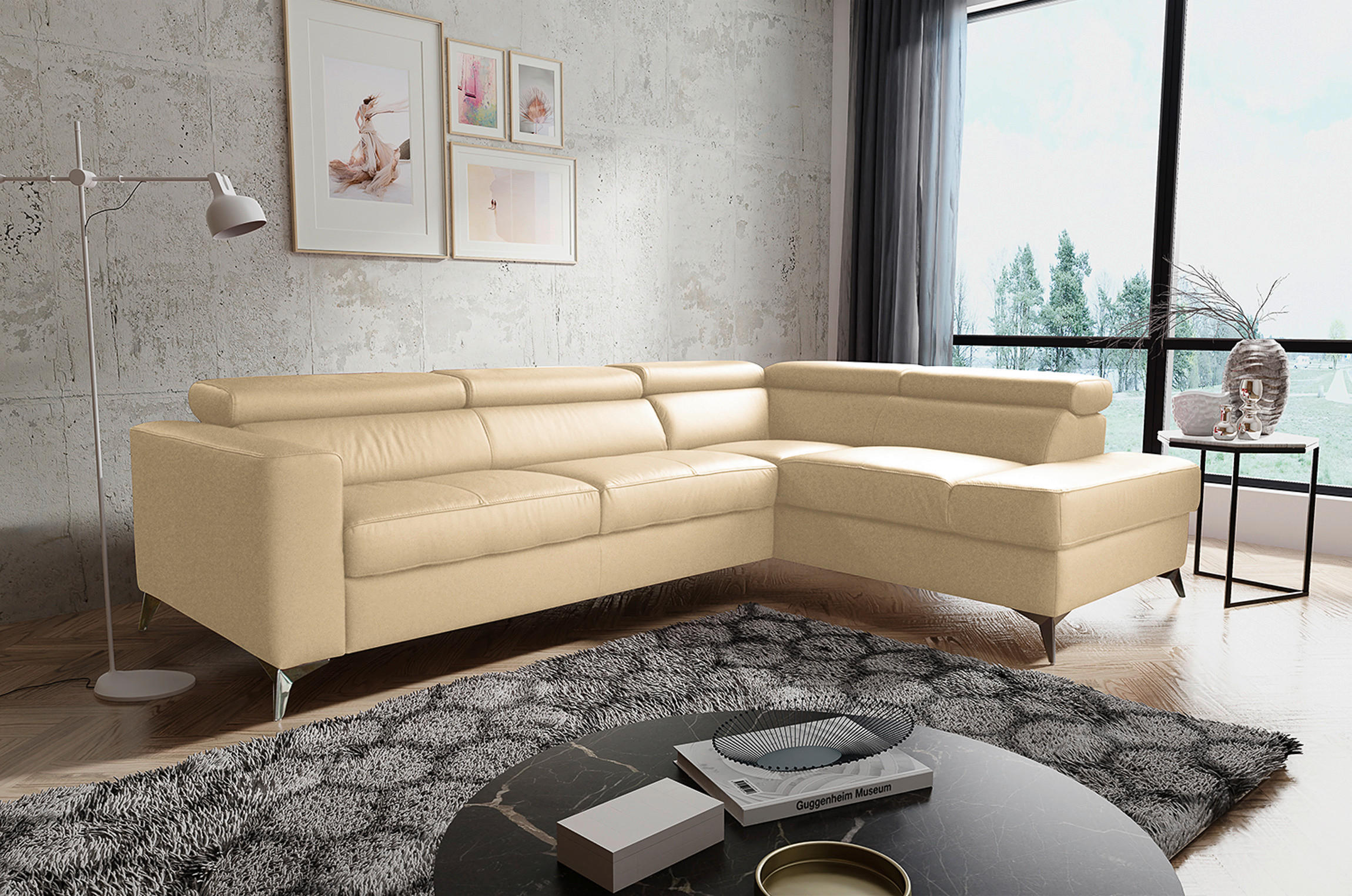 ECKSOFA MONDO Beige Echtleder Lederlook  - Chromfarben/Beige, Design, Leder/Textil (286/208cm) - Livetastic