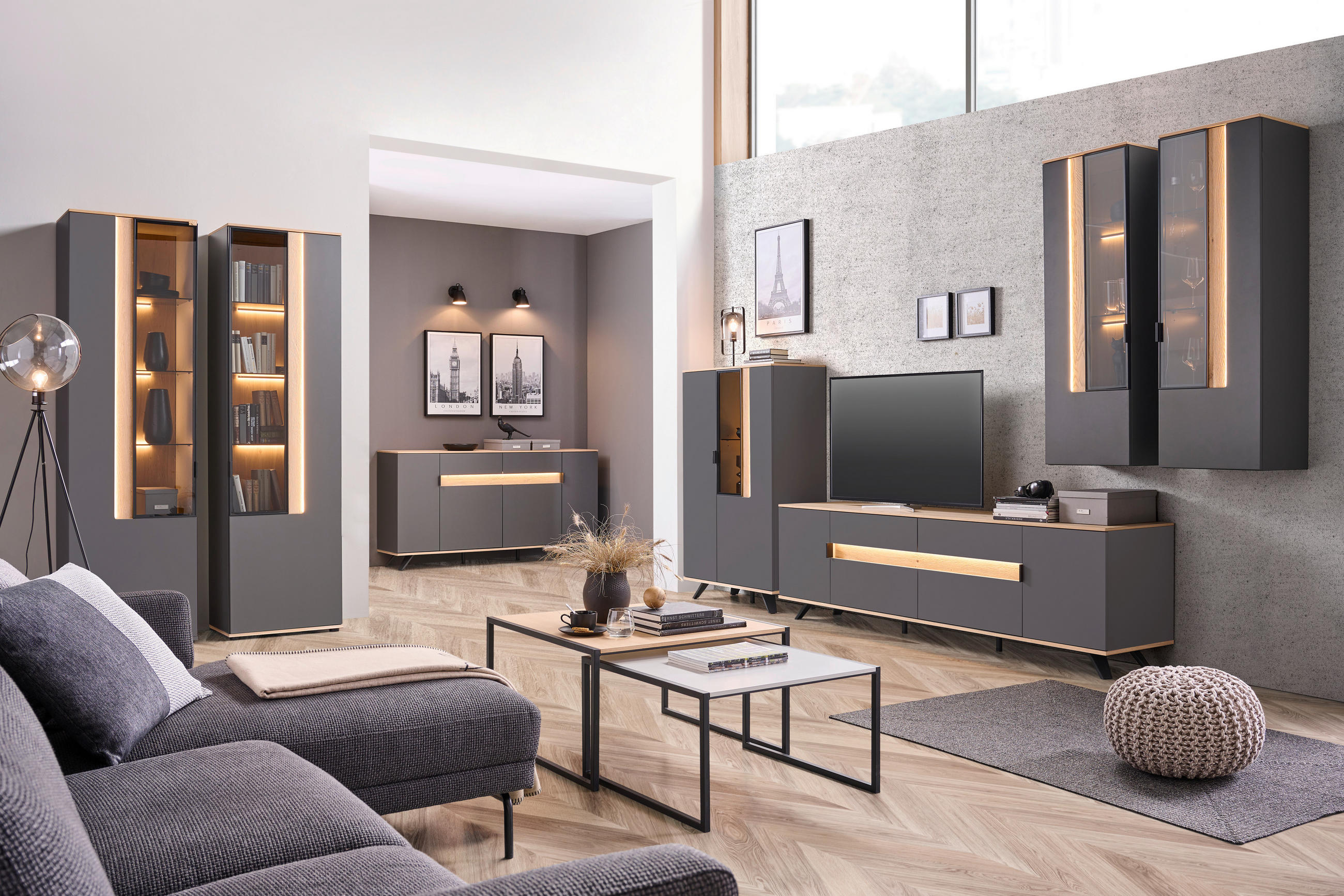 WOHNWAND CREMONA  in Anthrazit, Eichefarben    - Eichefarben/Anthrazit, Design, Glas/Holz (384,4/206/48cm) - Dieter Knoll