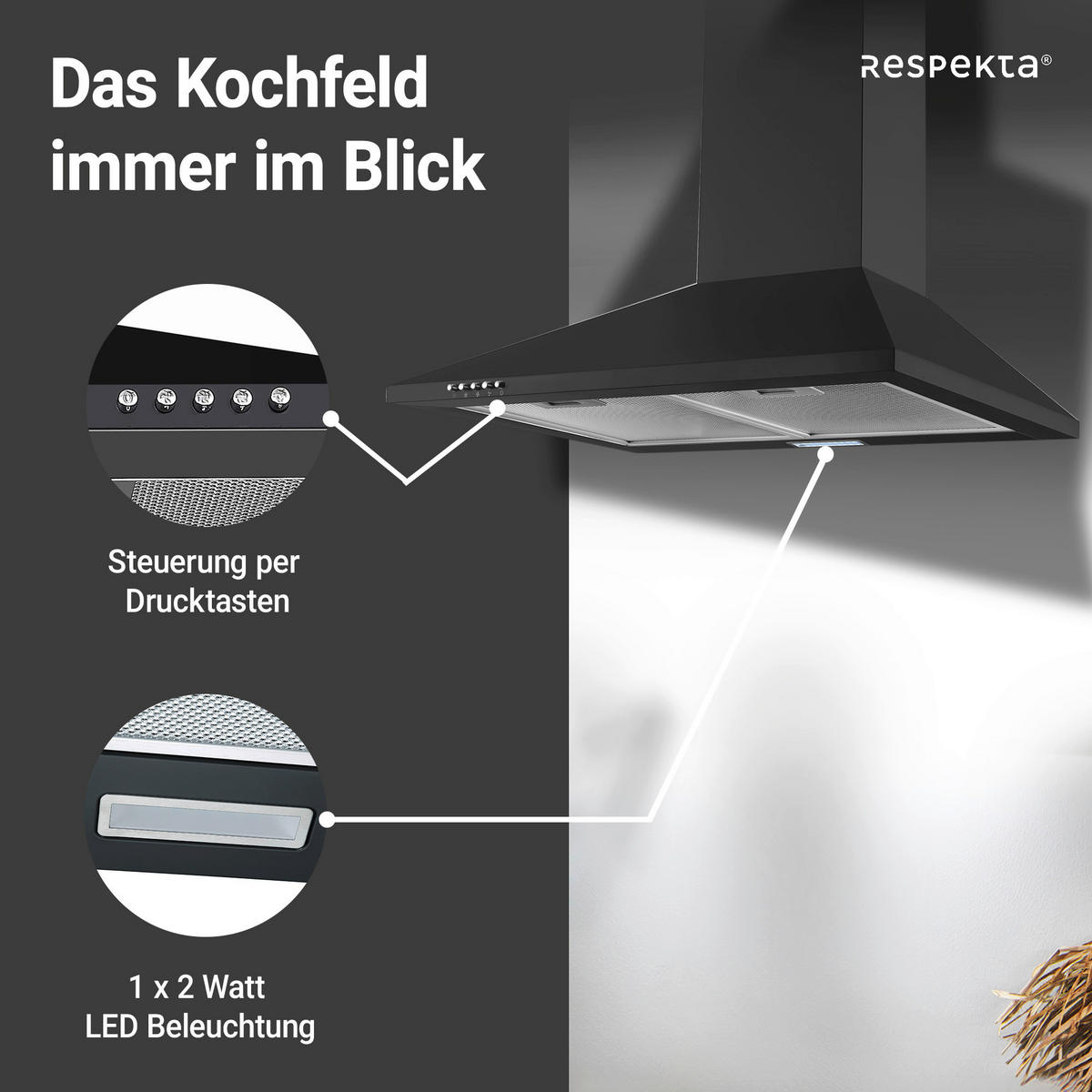 DUNSTABZUGSHAUBE CH22055SA  - Schwarz, Trend, Metall (60/58-96/47,5cm) - Respekta