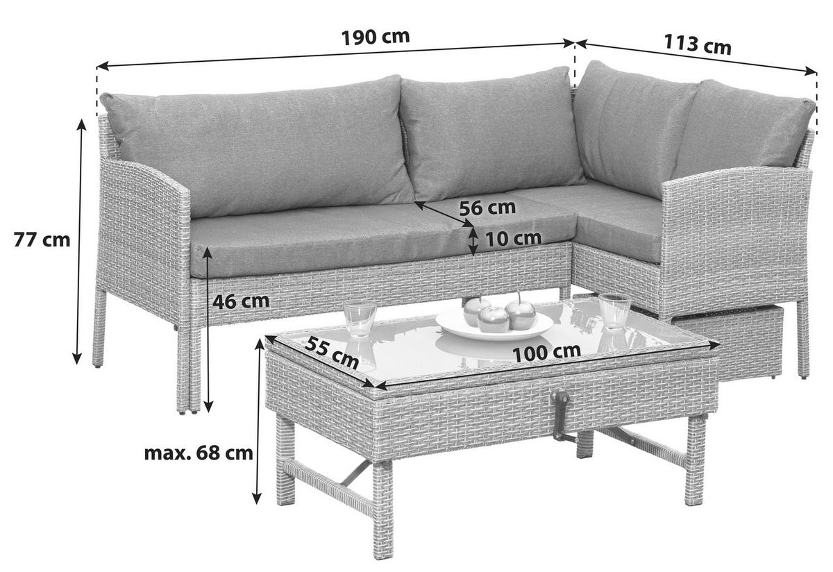 LOUNGEGARNITUR  190/113 cm  Stahl  - Beige, MODERN, Glas/Kunststoff (190/113cm) - Gardenson