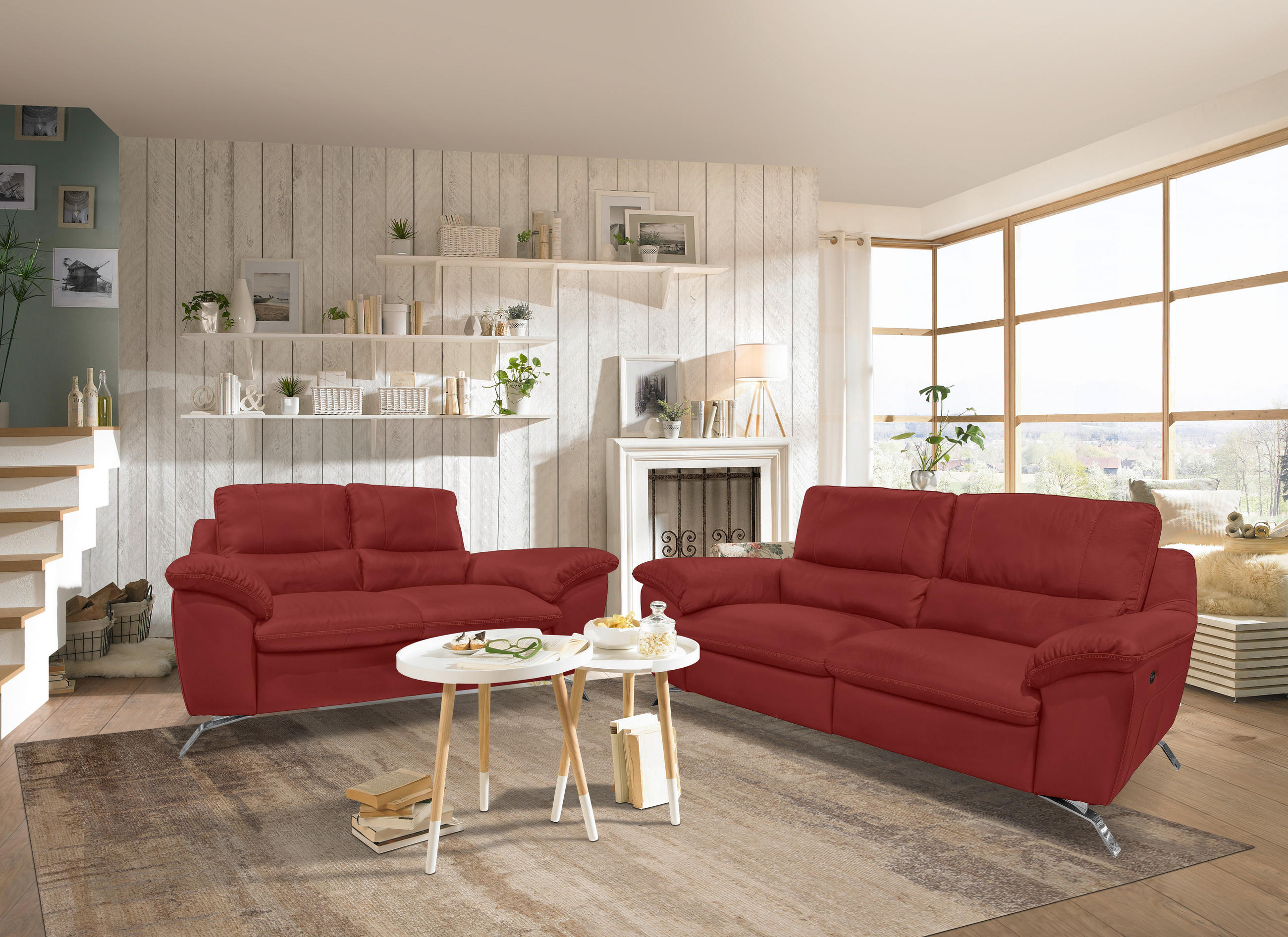 2,5-SITZER mit Relaxfunktion Kombination Echtleder/Lederlook Rot  - Silberfarben/Rot, Design, Leder/Metall (216/97/95-151cm) - Livetastic