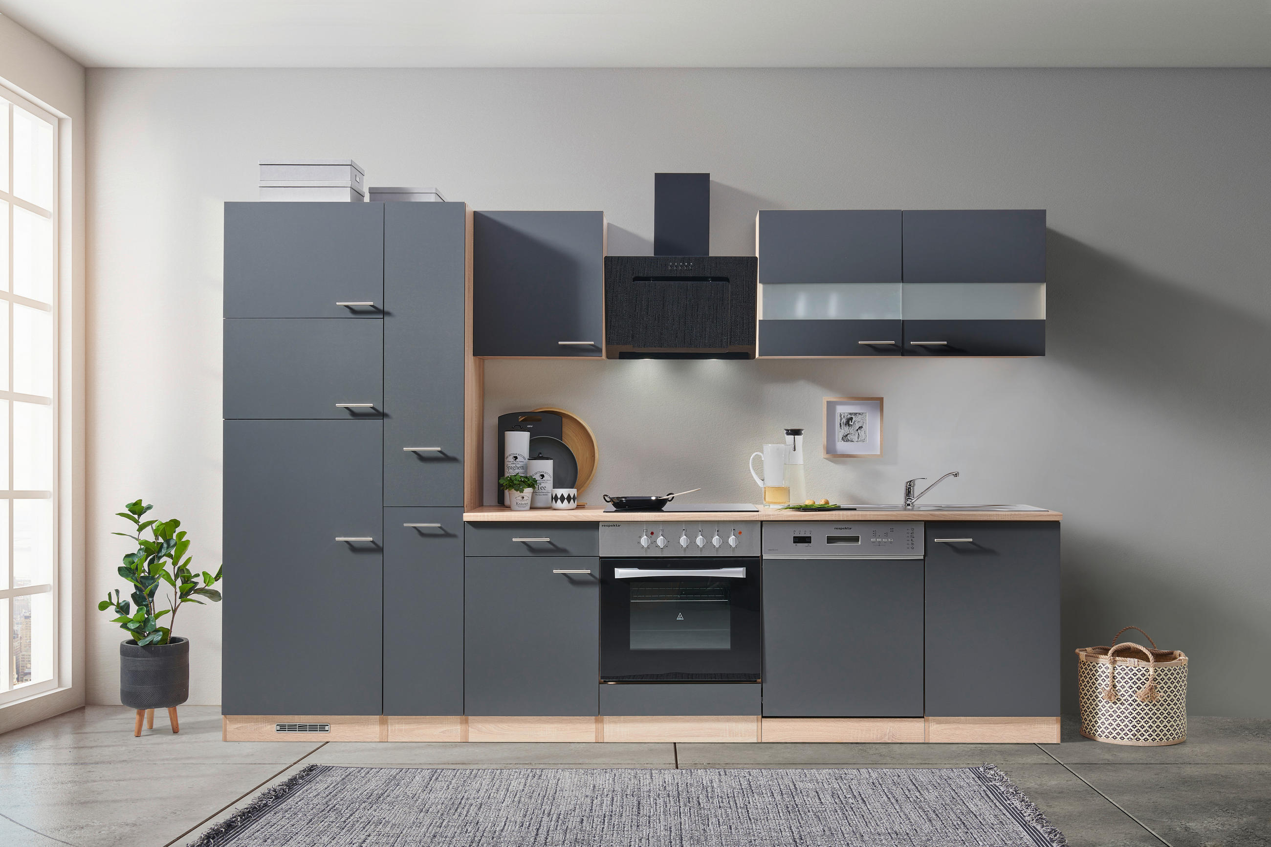 KÜCHENBLOCK 310 cm   in Grau, Eichefarben  - Eichefarben/Grau, Basics, Holzwerkstoff (310cm) - Respekta
