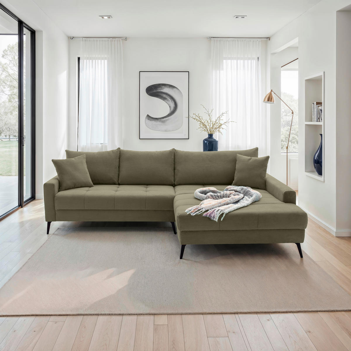 ECKSOFA Grün Cord  - Schwarz/Grün, KONVENTIONELL, Textil/Metall (280/173cm) - Hom`in