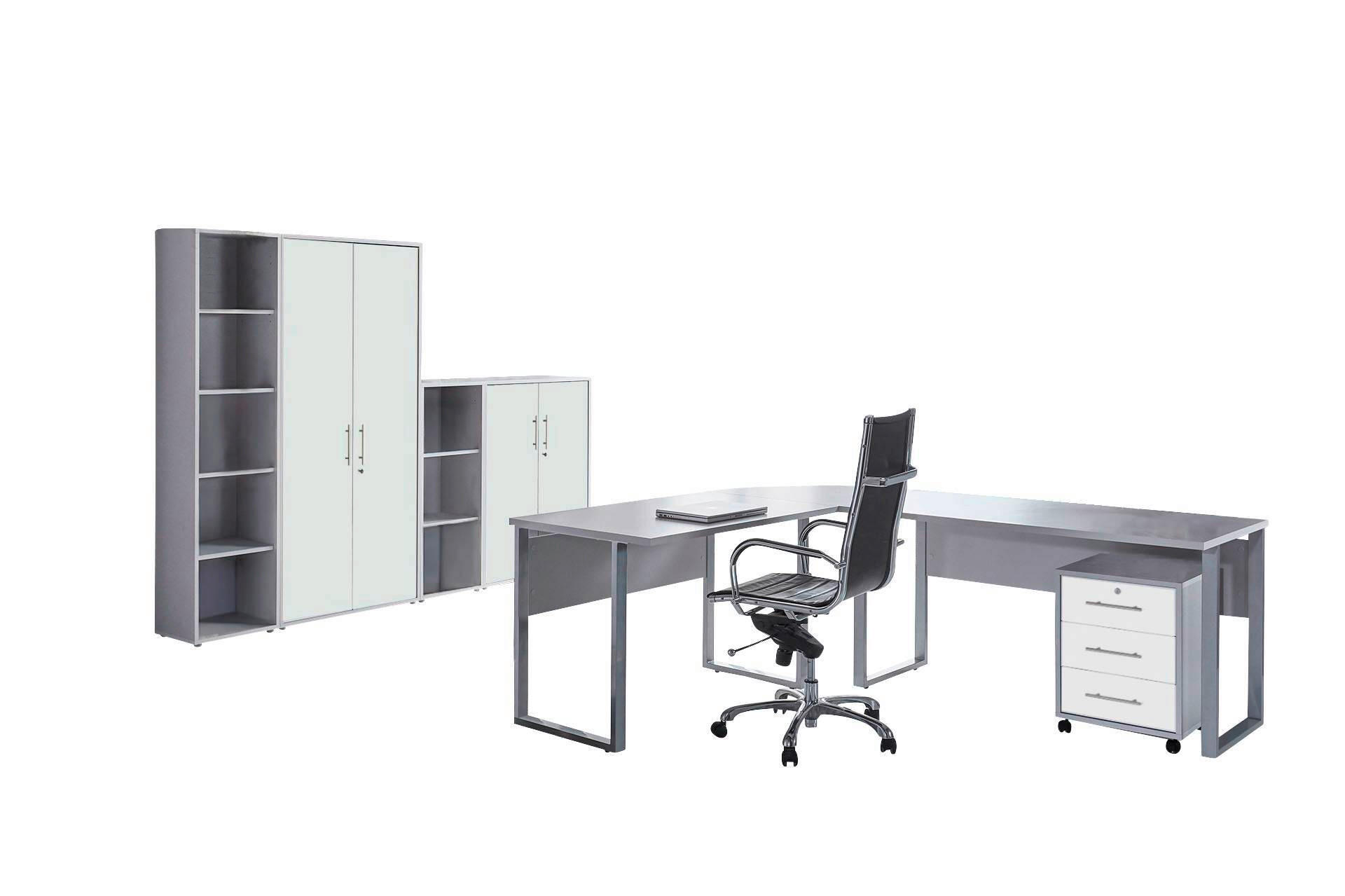 BÜRO erweiterbar, in verschiedenen Holz-Dekoren erhältlich, Schreibtisch seitenverkehrt montierbar, abschließbar Grau, Weiß - Weiß/Grau, MODERN, Holzwerkstoff - MID.YOU