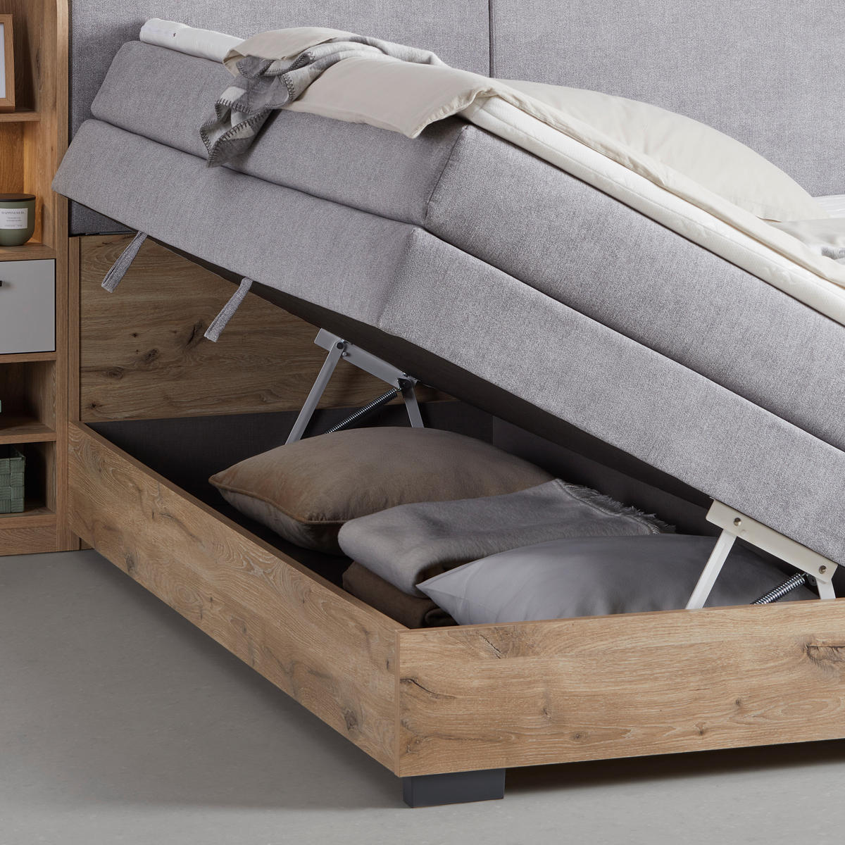 POSTELJA BOXSPRING 180 cm   x 200 cm  , leseni material barve hrasta, svetlo siva  - barve hrasta/barve grafita, Trendi, umetna masa/tekstil (180/200cm) - Xora