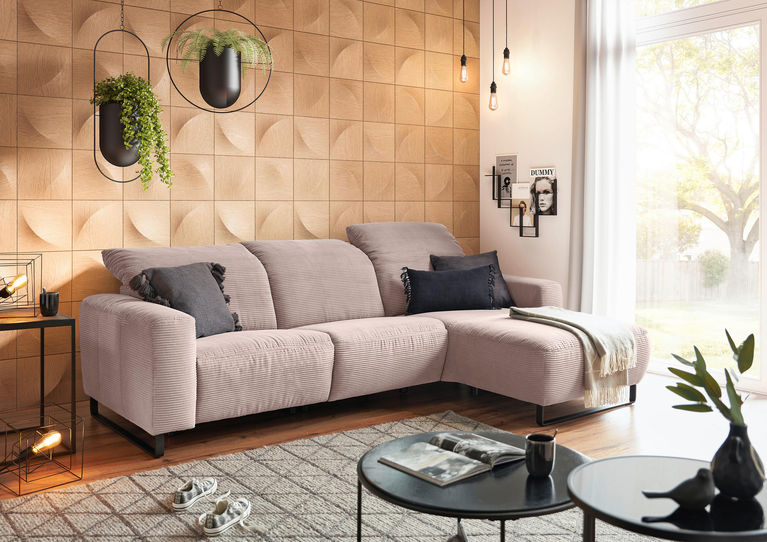 ECKSOFA in Cord Rosa  - Schwarz/Rosa, Konventionell, Textil/Metall (266/180cm) - Hom`in