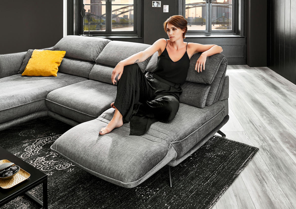 ECKSOFA in Velours Silberfarben  - Silberfarben/Schwarz, Design, Textil/Metall (153/283cm) - Valdera