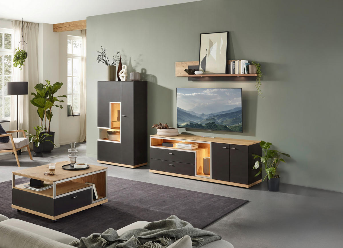 WOHNWAND 3-teilig  in Grau, Eichefarben  290/161/52 cm   - Schieferfarben/Eichefarben, Design, Glas/Holz (290/161/52cm) - Dieter Knoll