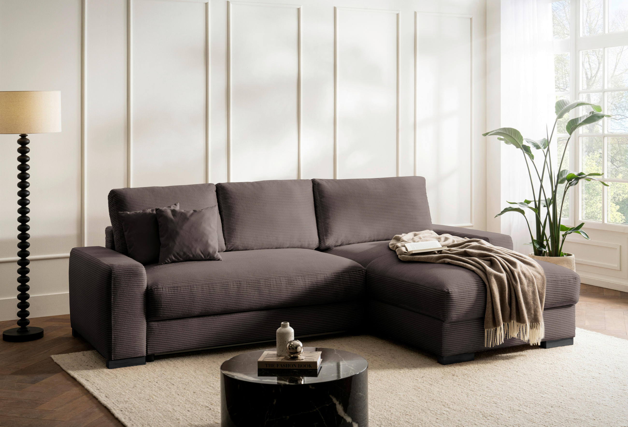 ECKSOFA in Cord Braun  - Schwarz/Braun, Design, Holz/Textil (264/184cm) - Stylife