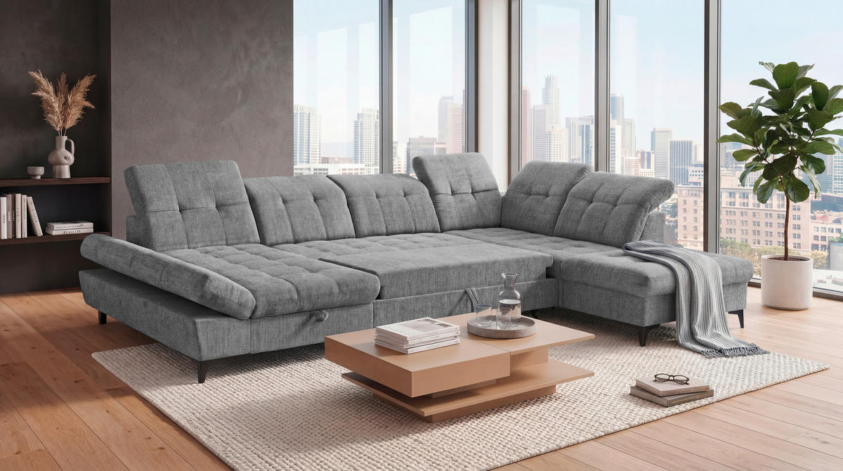 WOHNLANDSCHAFT MERCY in Mikrovelours Grau  - Schwarz/Grau, MODERN, Kunststoff/Textil (169/348/245cm) - MID.YOU