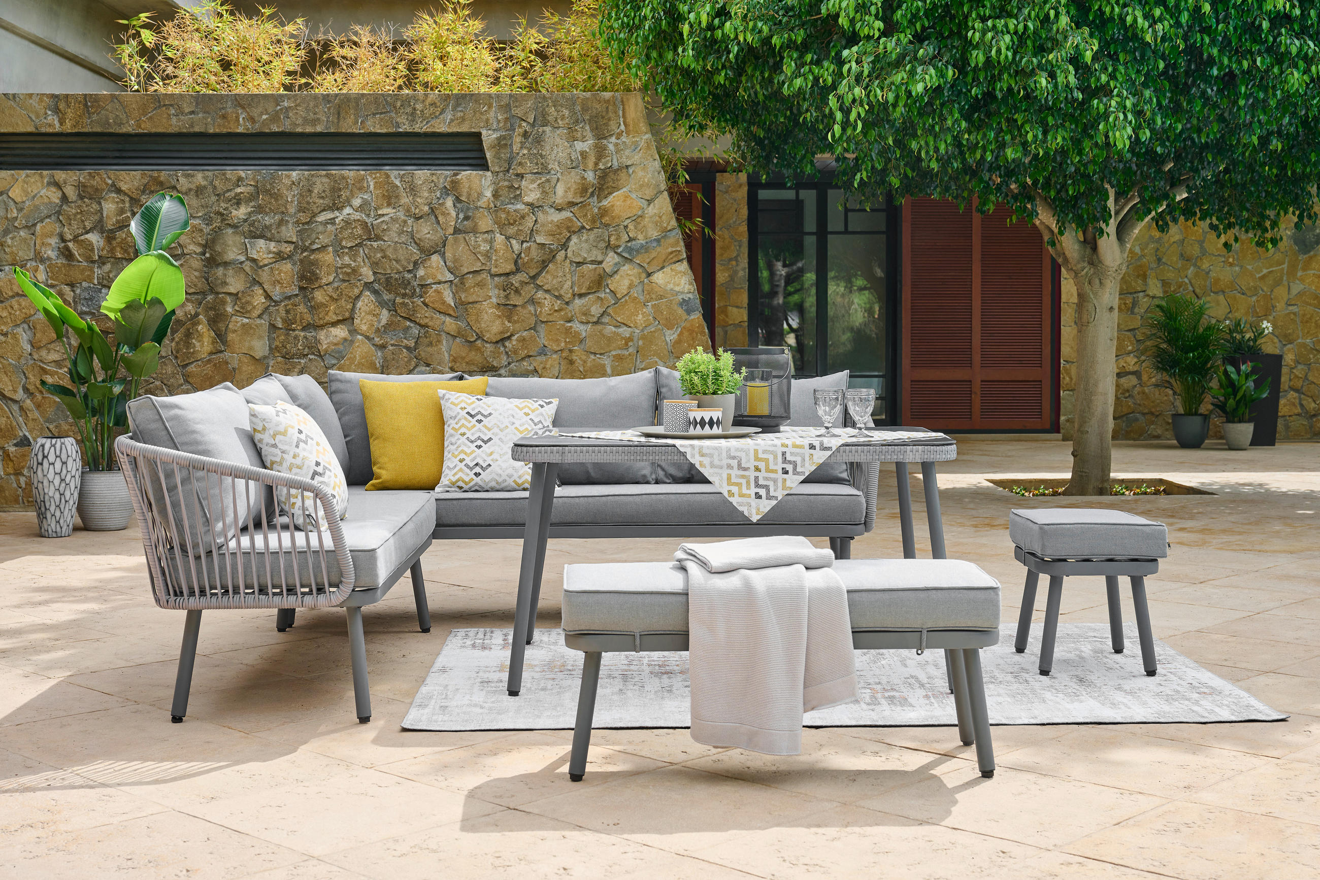 VRTNA GARNITURA   metal, plastika, staklo, tekstil  siva    - siva, Moderno, staklo/metal (224/220cm) - Ambia Garden