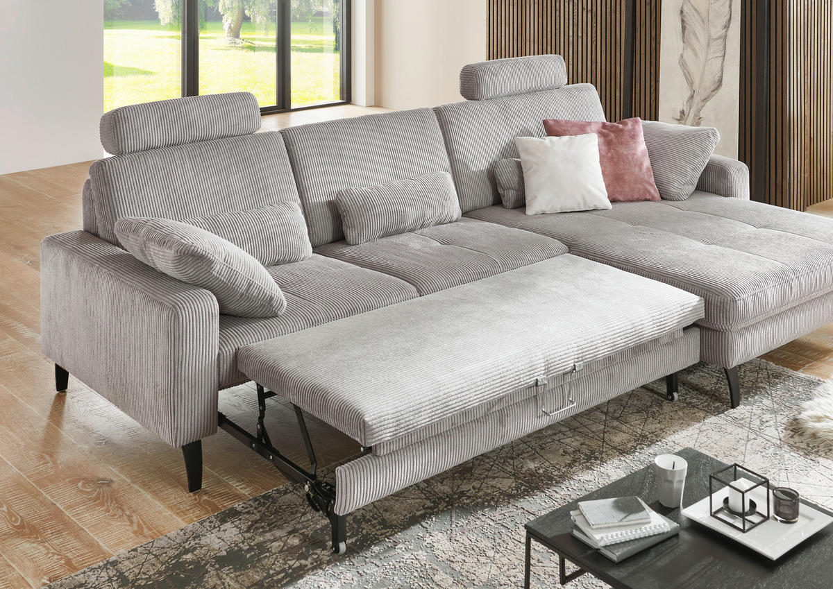 ECKSOFA in Cord Hellgrau  - Hellgrau/Schwarz, Modern, Textil/Metall (302/177cm) - Beldomo Style