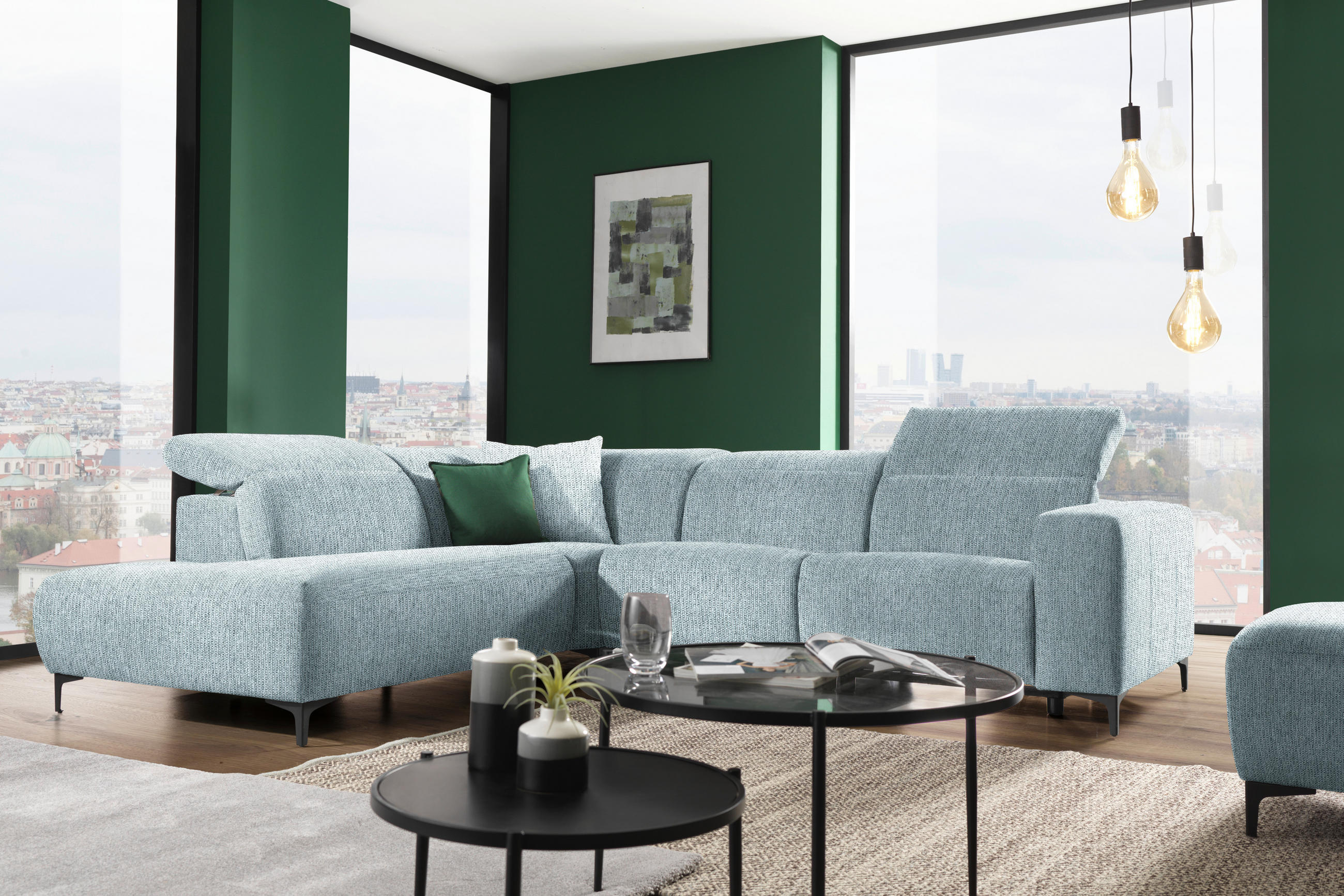 Thumbnail - Pure Home Lifestyle Ecksofa, Blau, Textil, Uni, 4-Sitzer, Ottomane links, L-Form, 290x238 cm, Blauer Engel, Goldenes M, ...