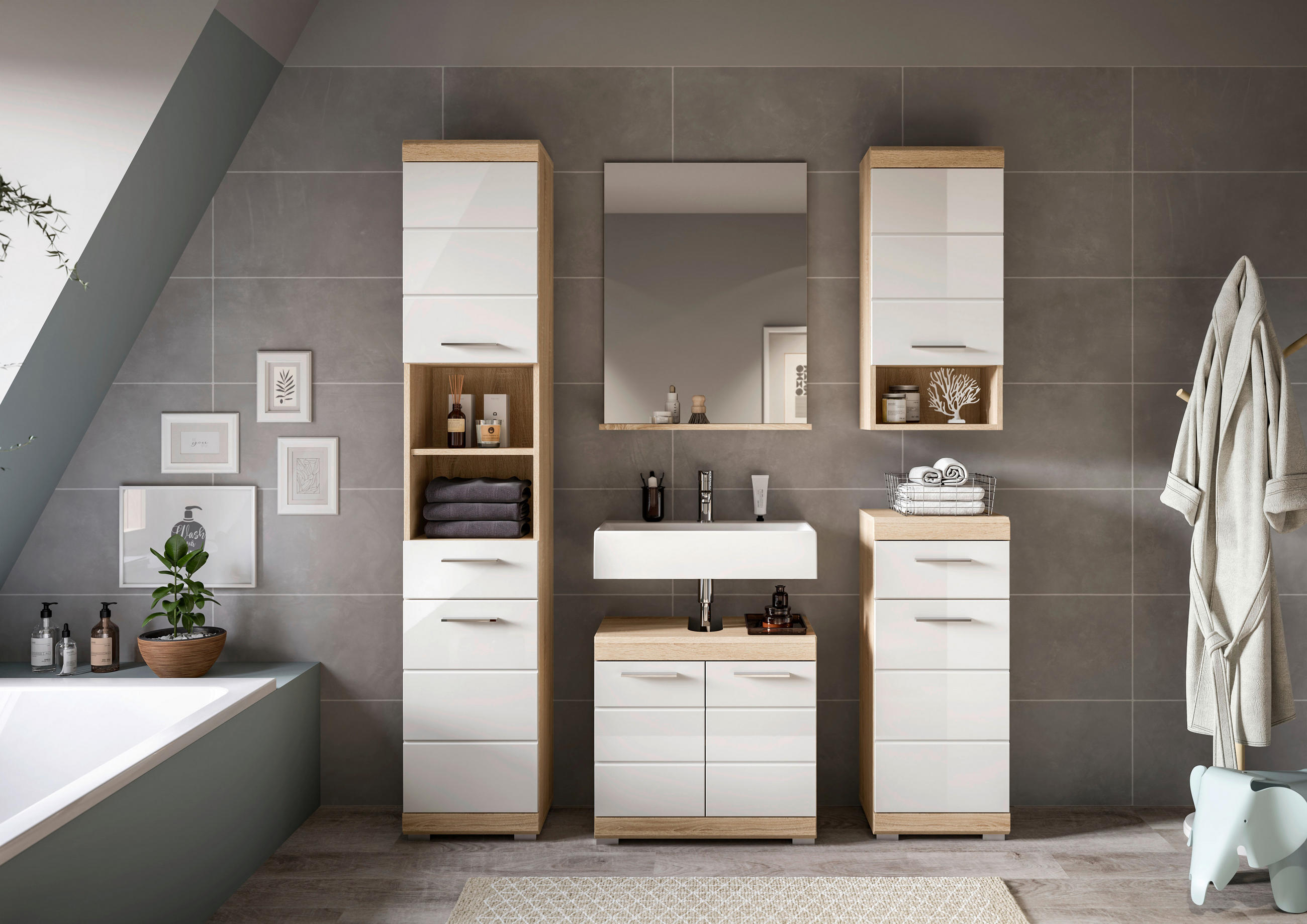 Mid.you Badezimmer Sonoma Eiche, Weiß Hochglanz 134 cm