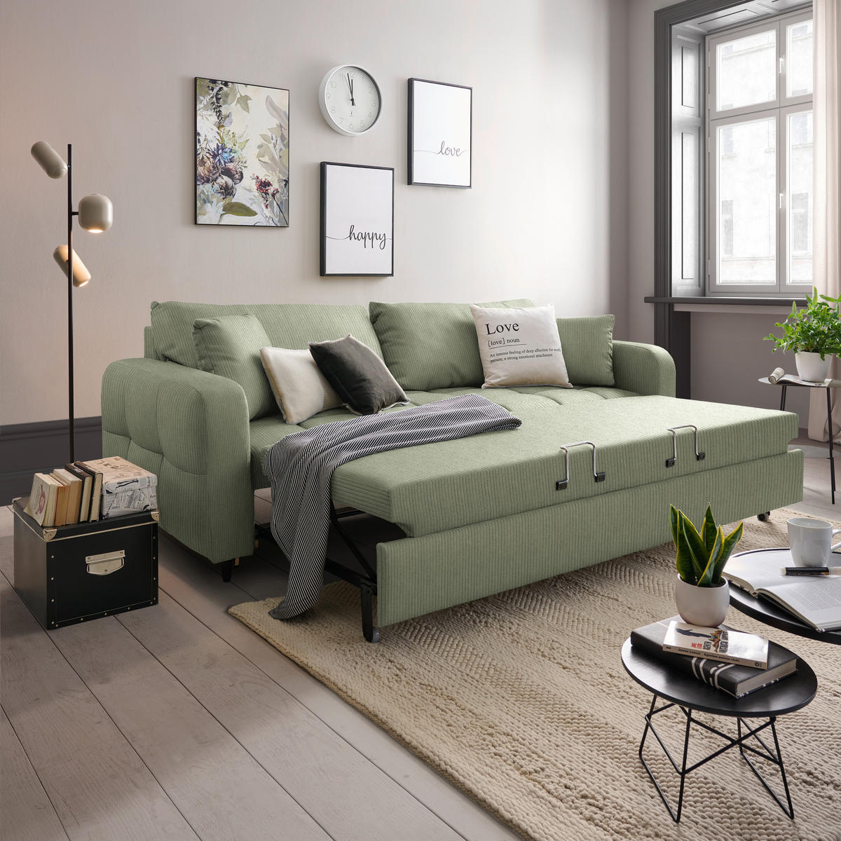 SCHLAFSOFA Cord, Velours Grün Stoffauswahl, Bettfunktion erhältlich, Rücken echt, Armteil links, Armteil rechts  - Schwarz/Grün, Design, Holz/Textil (236/88/101cm) - Lomoco