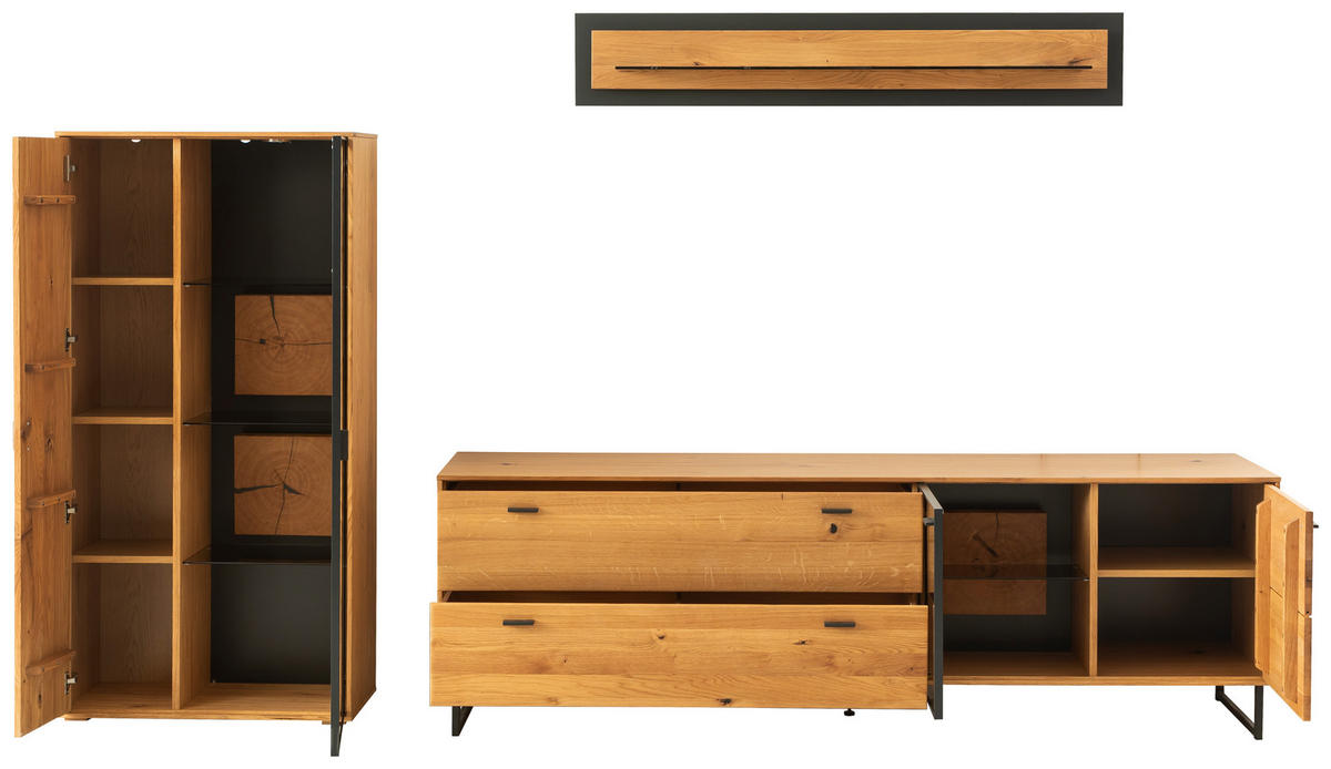 WOHNWAND  in Wildeiche 306/188/50 cm  - Wildeiche/Schwarz, Design, Glas/Holz (306/188/50cm) - MID.YOU