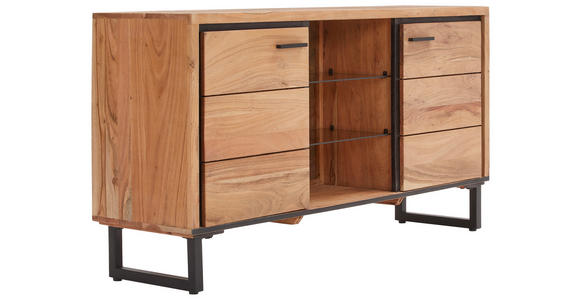 SIDEBOARD Akazie Hartholz Schwarz, Akaziefarben Beleuchtung, Einlegeböden  - Schwarz/Akaziefarben, Design, Glas/Holz (145/77/40cm) - Carryhome