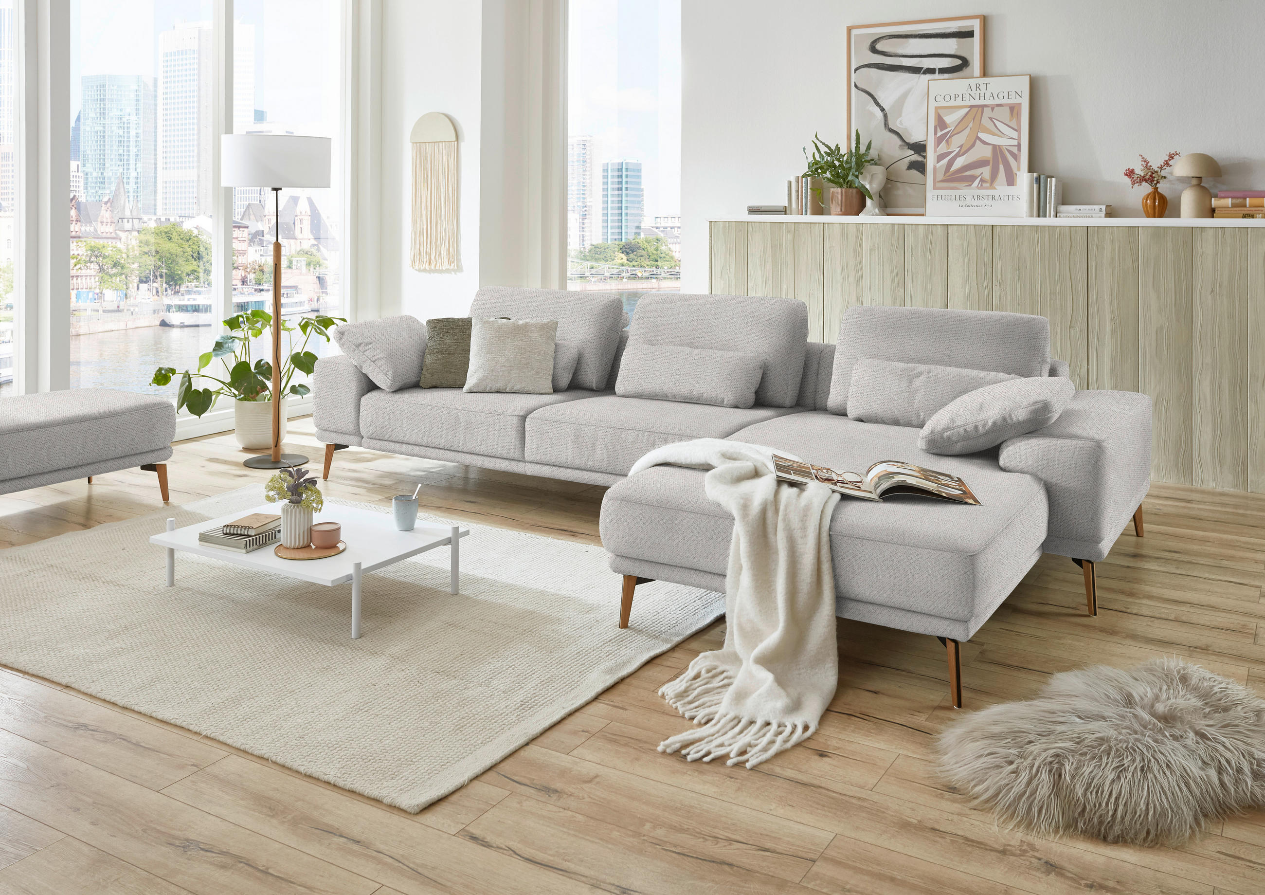 ECKSOFA in Flachgewebe Ecru  - Wildeiche/Ecru, Design, Holz/Textil (334/193cm) - Niels Andersson