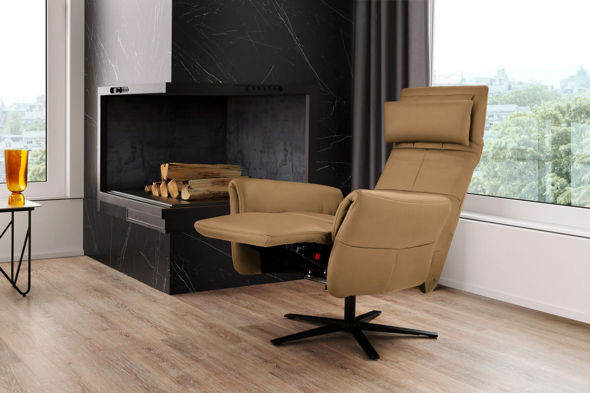 RELAXSESSEL Echtleder Relaxfunktion, Kopfteilverstellung, Nackenkissen    - Schwarz/Honig, Design, Leder/Metall (81/118/82cm) - Schöner Wohnen