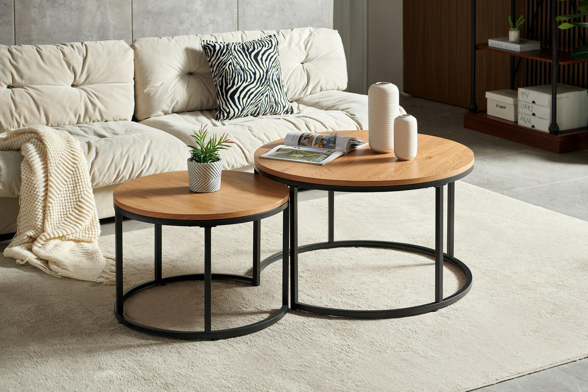 COUCHTISCHSET rund Schwarz, Naturfarben  - Schwarz/Naturfarben, Design, Holzwerkstoff/Metall (80/60/46/40/80/60cm) - Livetastic