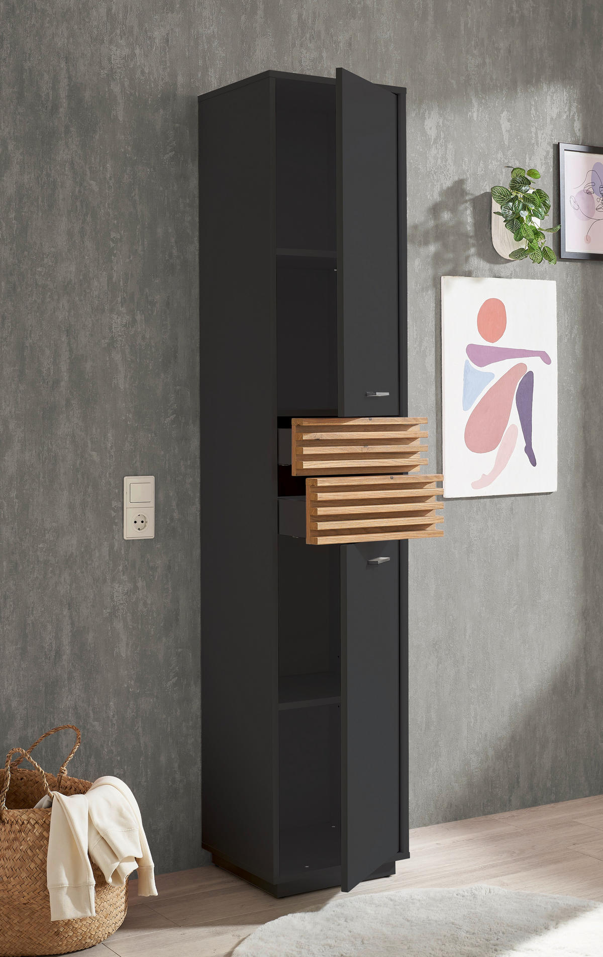 HOCHSCHRANK 38/191/35 cm  - Eichefarben/Anthrazit, KONVENTIONELL, Holzwerkstoff/Kunststoff (38/191/35cm) - home24