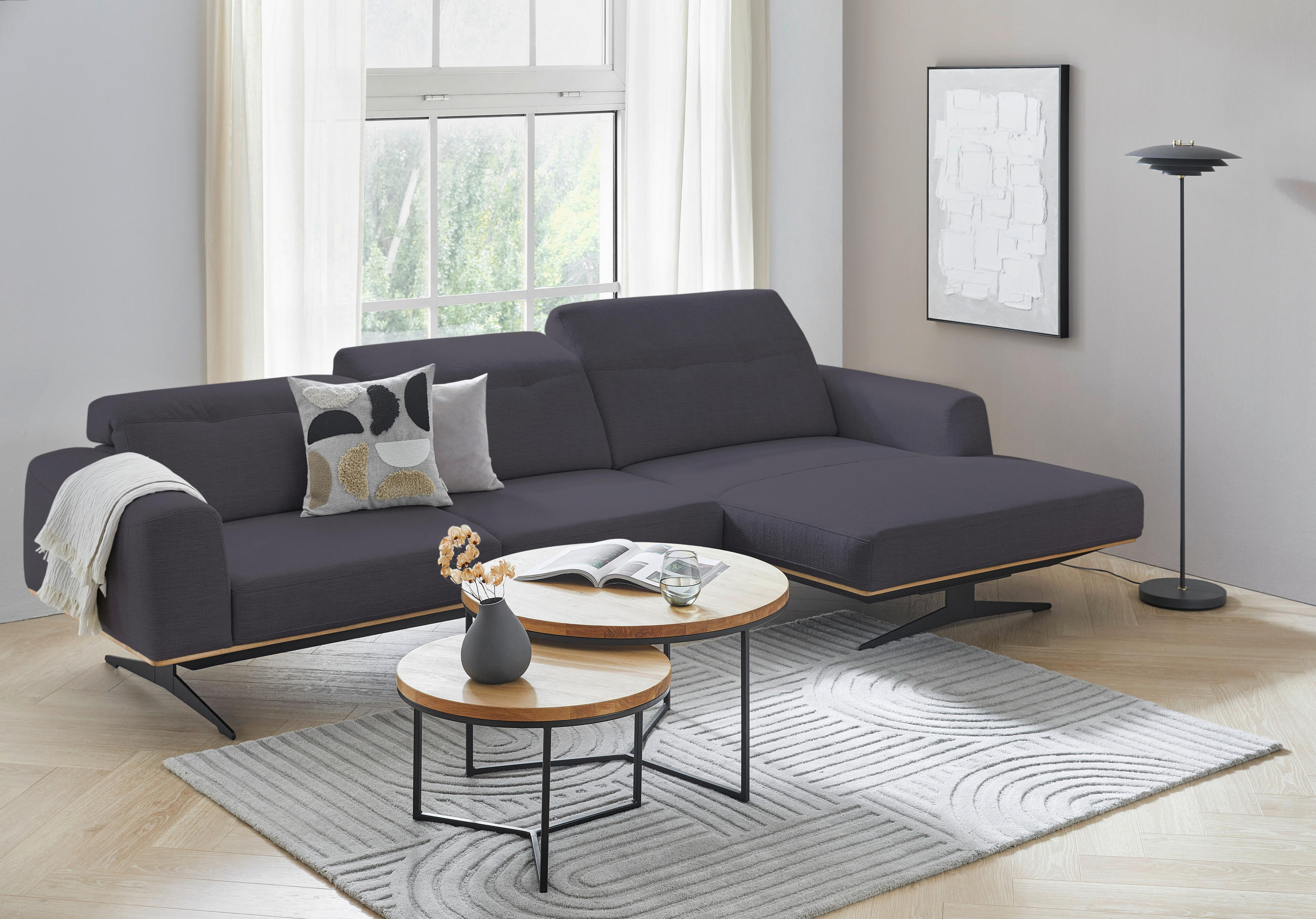 ECKSOFA in Struktur Dunkelblau  - Eichefarben/Schwarz, Design, Holz/Textil (305/163cm) - Novel