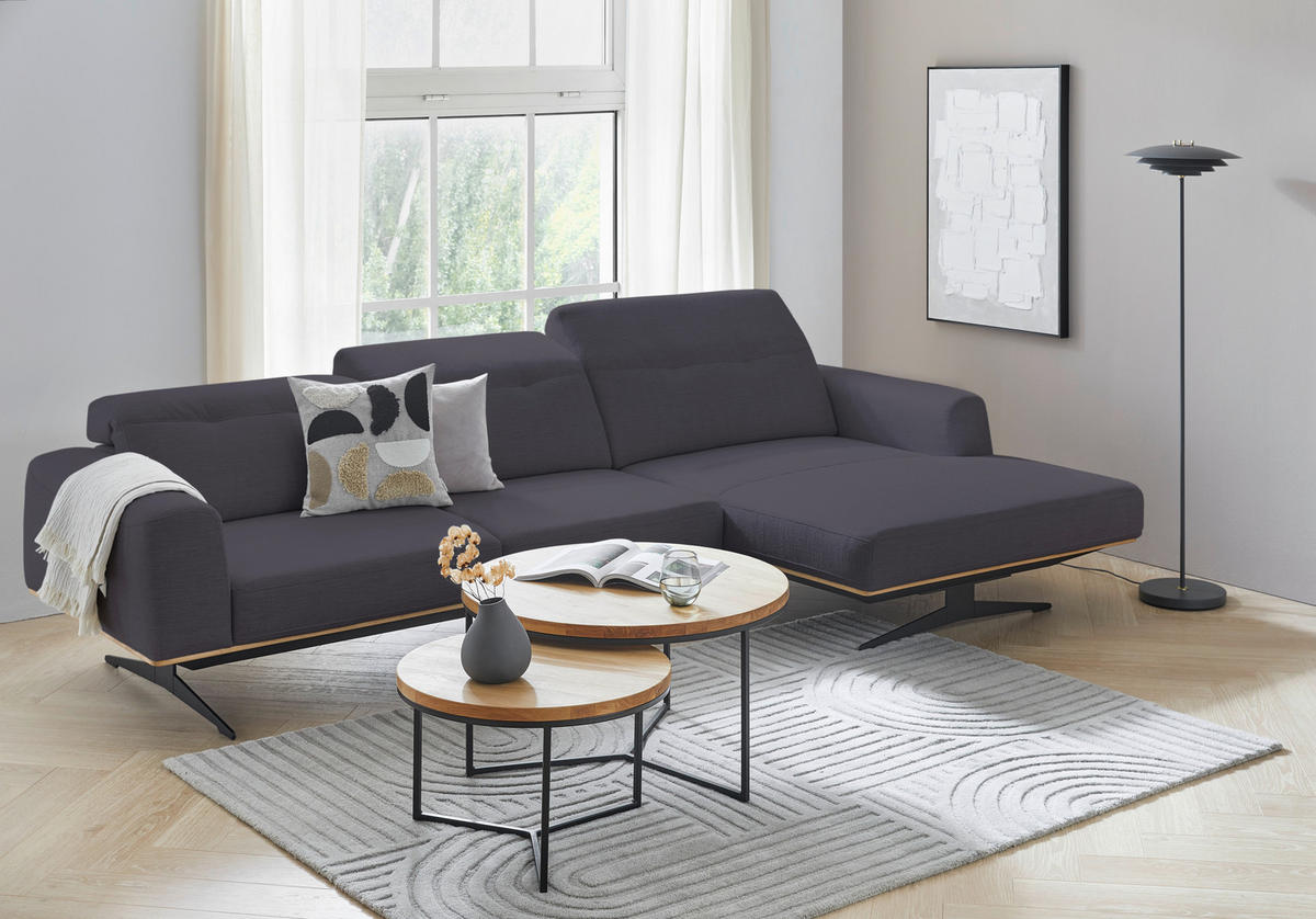 ECKSOFA in Struktur Dunkelblau  - Eichefarben/Schwarz, Design, Holz/Textil (163/305cm) - Novel