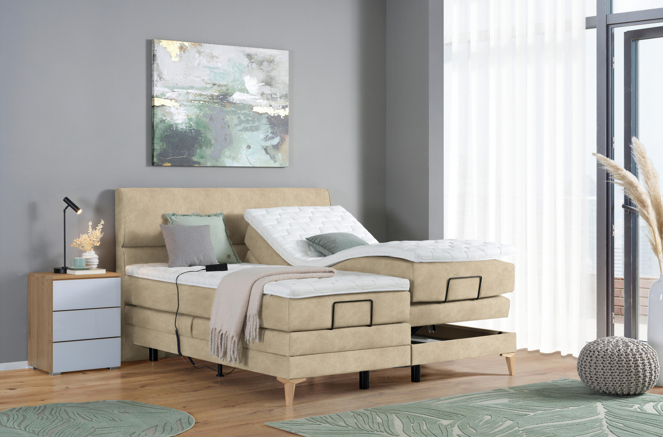 BOXSPRINGBETT 180/200 cm  in Beige  - Eichefarben/Beige, Konventionell, Holz/Textil (180/200cm) - Voleo