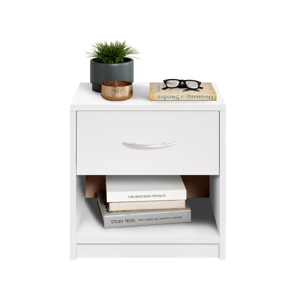 Noptieră, 39/41/28 cm, alb - alb/culoare aluminiu, Design, plastic/material pe bază de lemn (39/41/28cm) - Boxxx