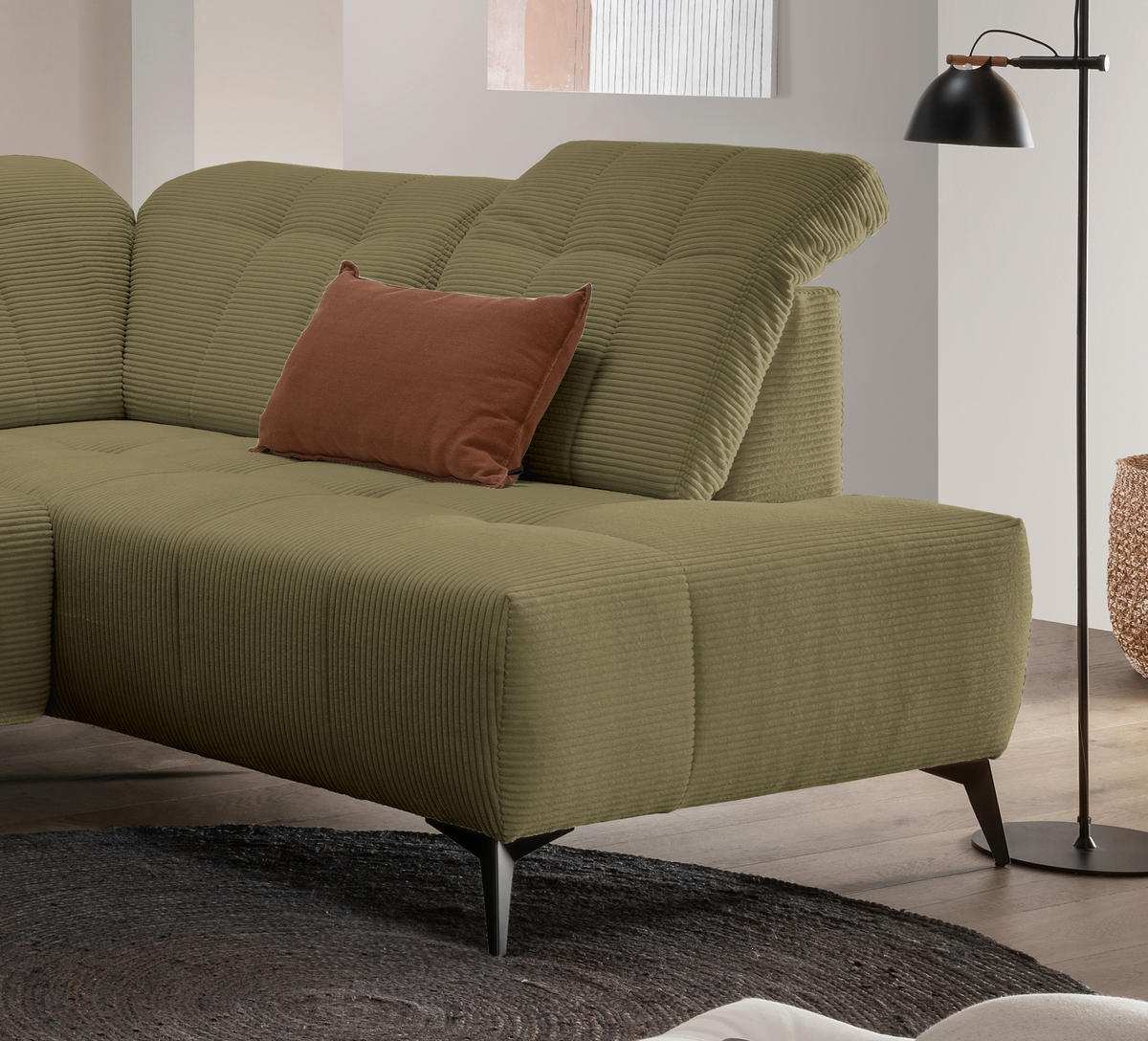 WOHNLANDSCHAFT SANO Olivgrün Cord  - Schwarz/Olivgrün, MODERN, Textil/Metall (180/337/200cm) - Livetastic