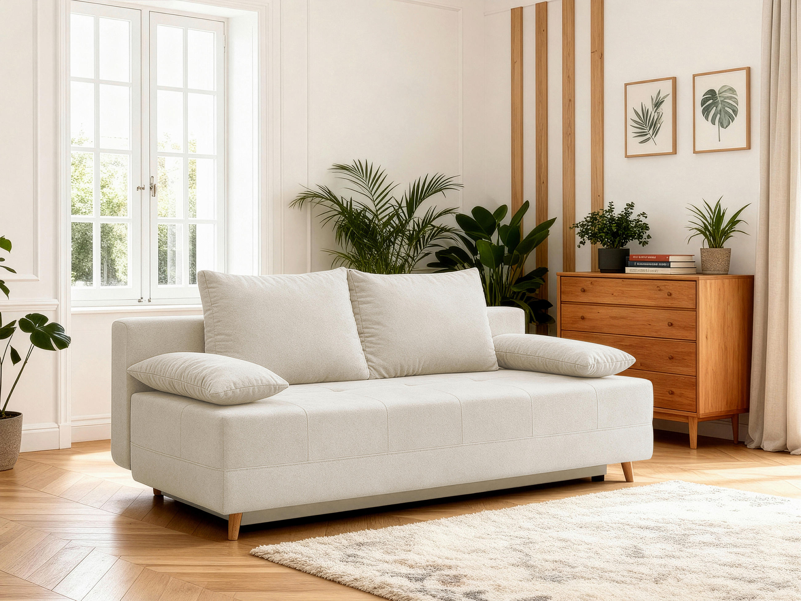 SCHLAFSOFA LUMOS Samt Creme  inkl. Rückenkissen, Armlehnenkissen, Schlaffunktion, Rücken echt, Stauraum  - Creme/Naturfarben, Design, Textil (206/96/96cm) - P & B