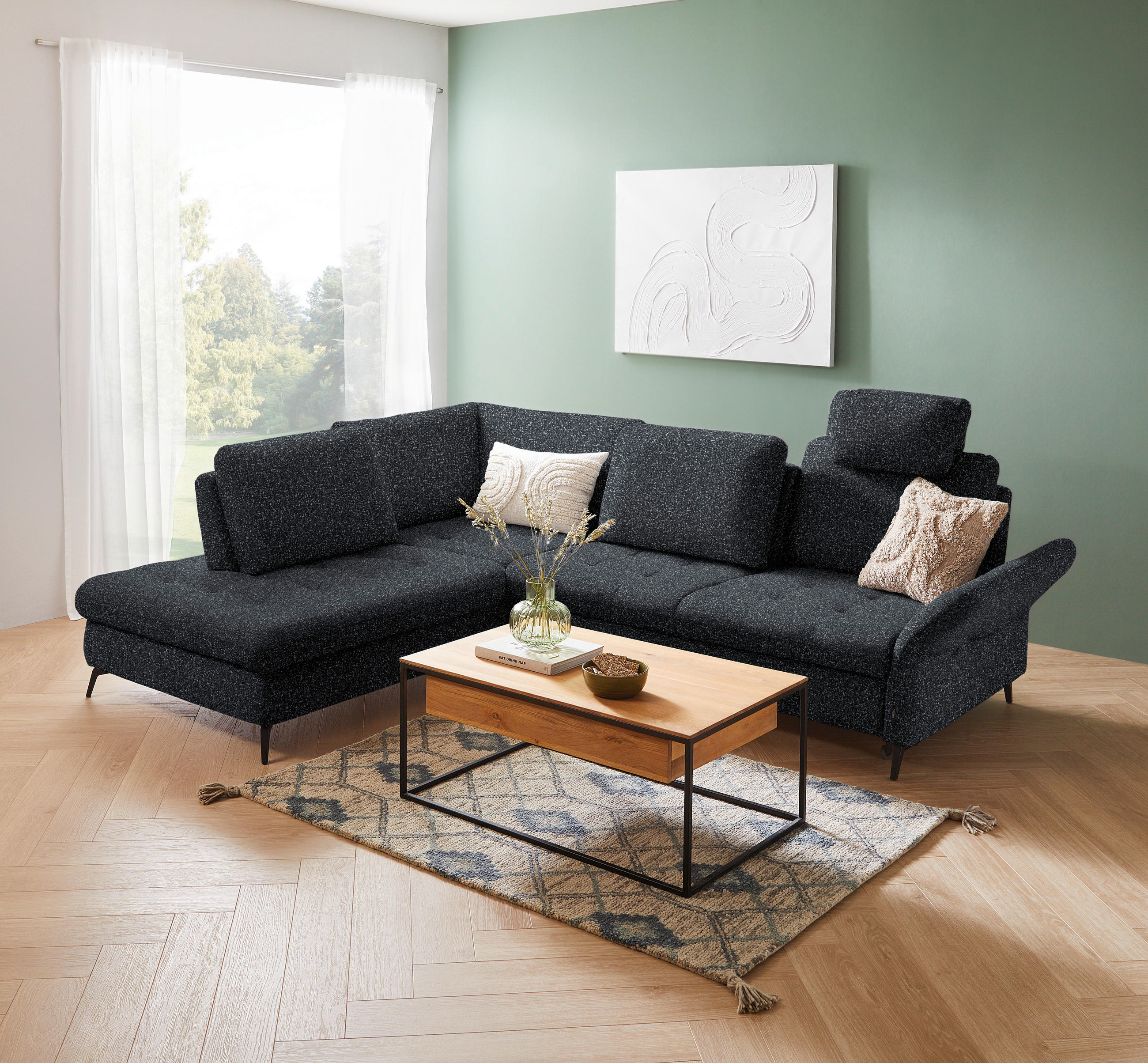 ECKSOFA Schwarz Bouclé  - Schwarz, Natur, Textil/Metall (233/288cm) - Valnatura