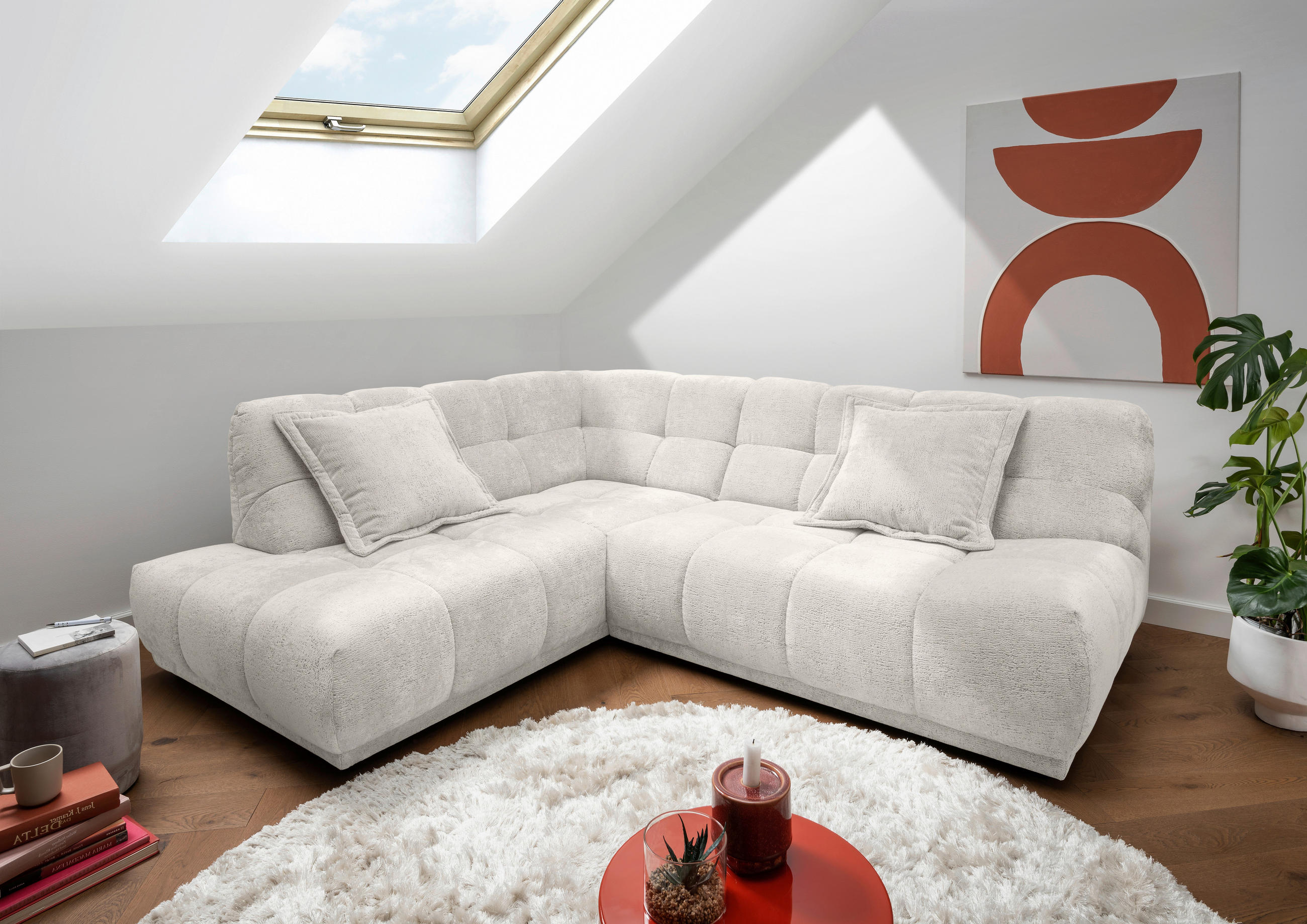 ECKSOFA Chenille Creme  - Creme/Schwarz, Modern, Kunststoff/Textil (203/254cm) - Livetastic
