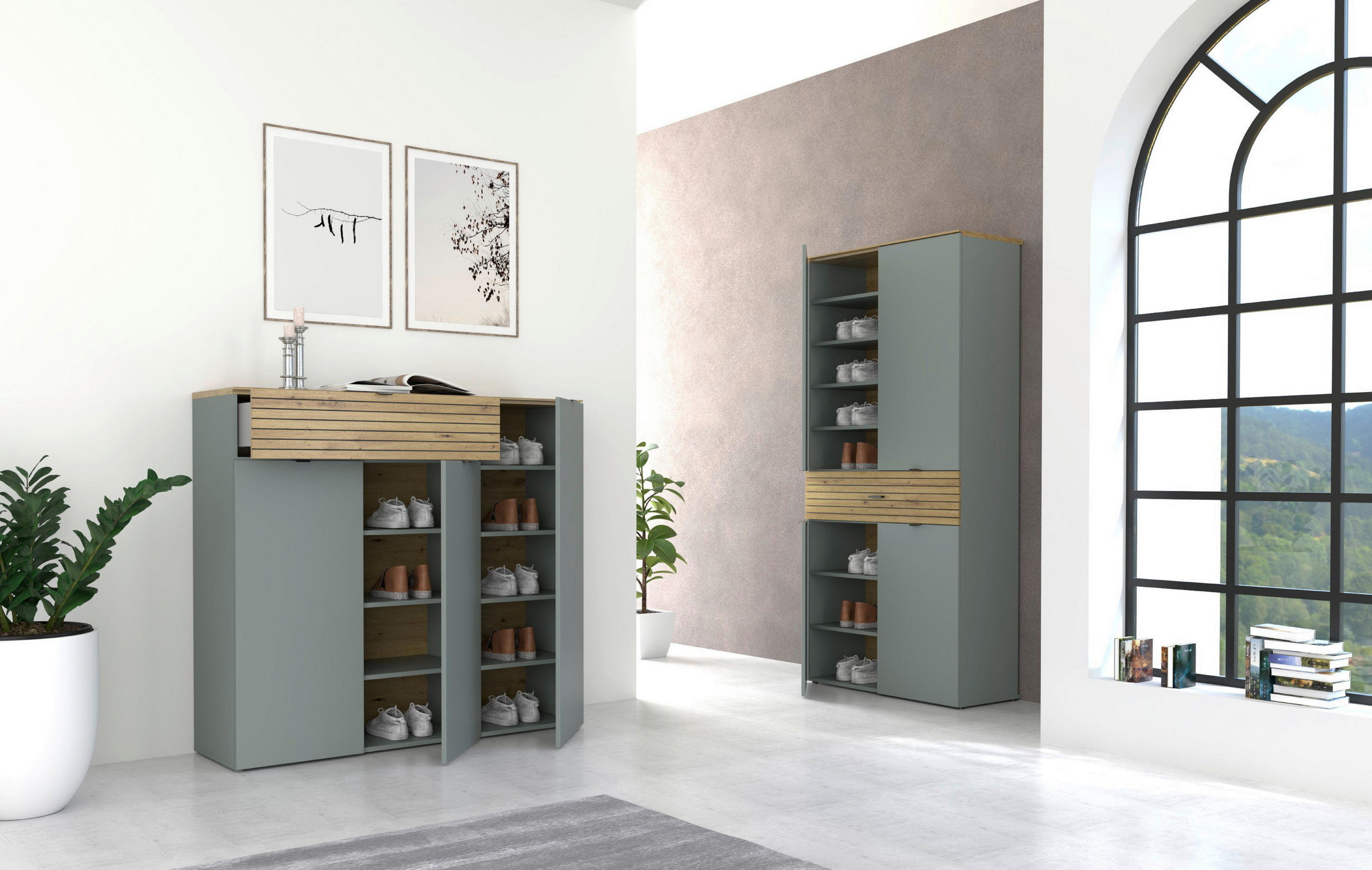 Thumbnail - Voleo Schuhschrank, Grün, Eiche Artisan, Metall, 7 Fächer, 1 Schublade(n) Schubladen, 136x125x41 cm, Typenauswahl, Beimö...