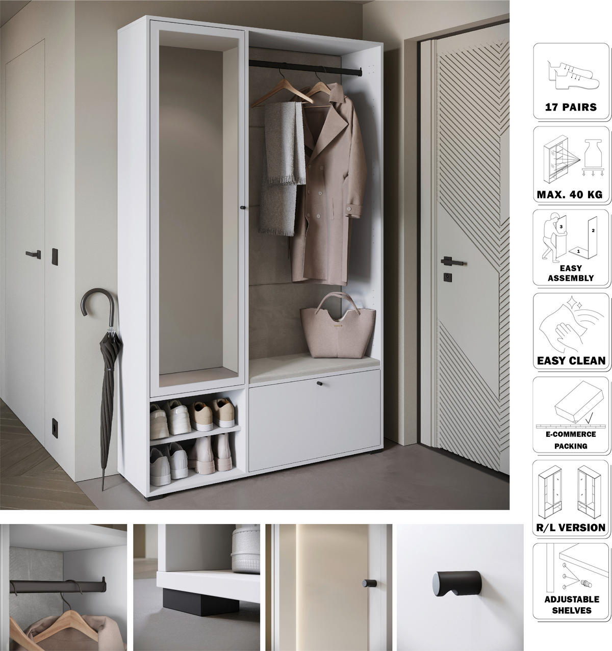 GARDEROBE 4-teilig  in 117,3/190/33 cm  - Weiß, Basics, Holzwerkstoff (117,3/190/33cm) - P & B
