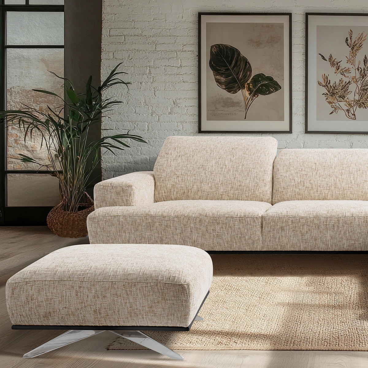 HOCKER in Textil Beige  - Chromfarben/Beige, Design, Holz/Textil (95/46/80cm) - Livetastic