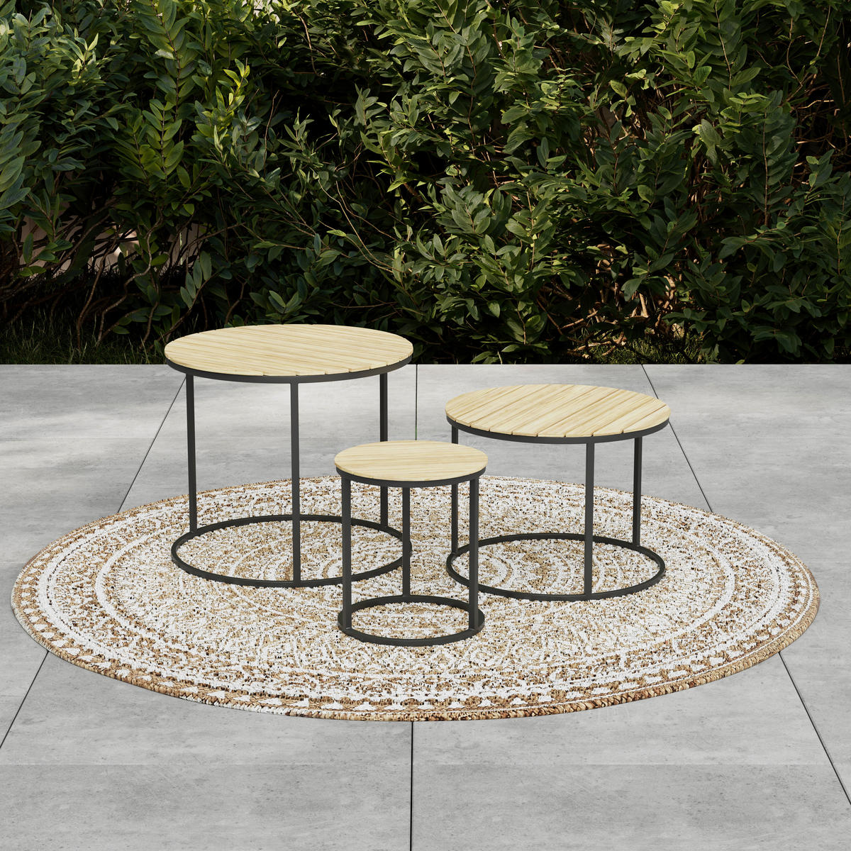 SET DE TABLES D'APPOINT JARDI - Schwarz/Akaziefarben, Modern, Holz/Metall (76/56/36/50/45/40/76/56/36cm) - Ambia Garden