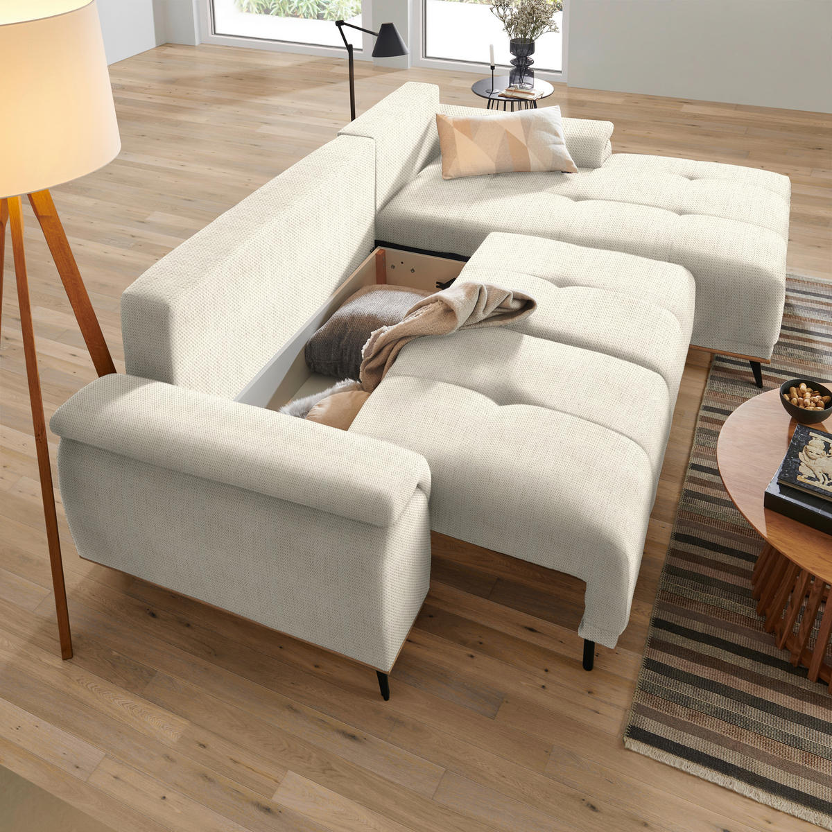 ECKSOFA in Chenille Creme  - Creme/Schwarz, MODERN, Textil/Metall (262/168cm) - home24