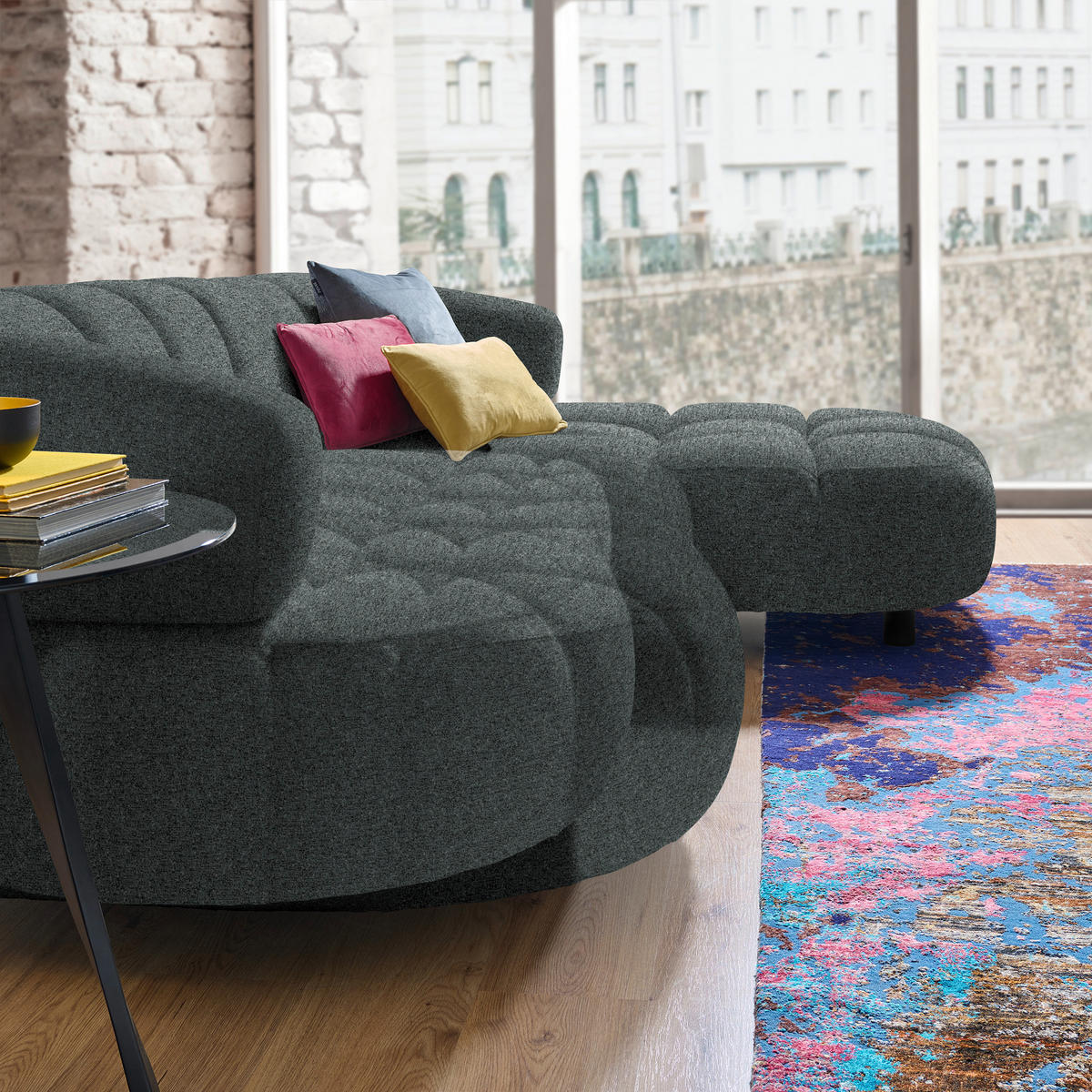 ECKSOFA Dunkelgrau Webstoff  - Dunkelgrau/Schwarz, Design, Holz/Textil (284/183cm) - Welnova