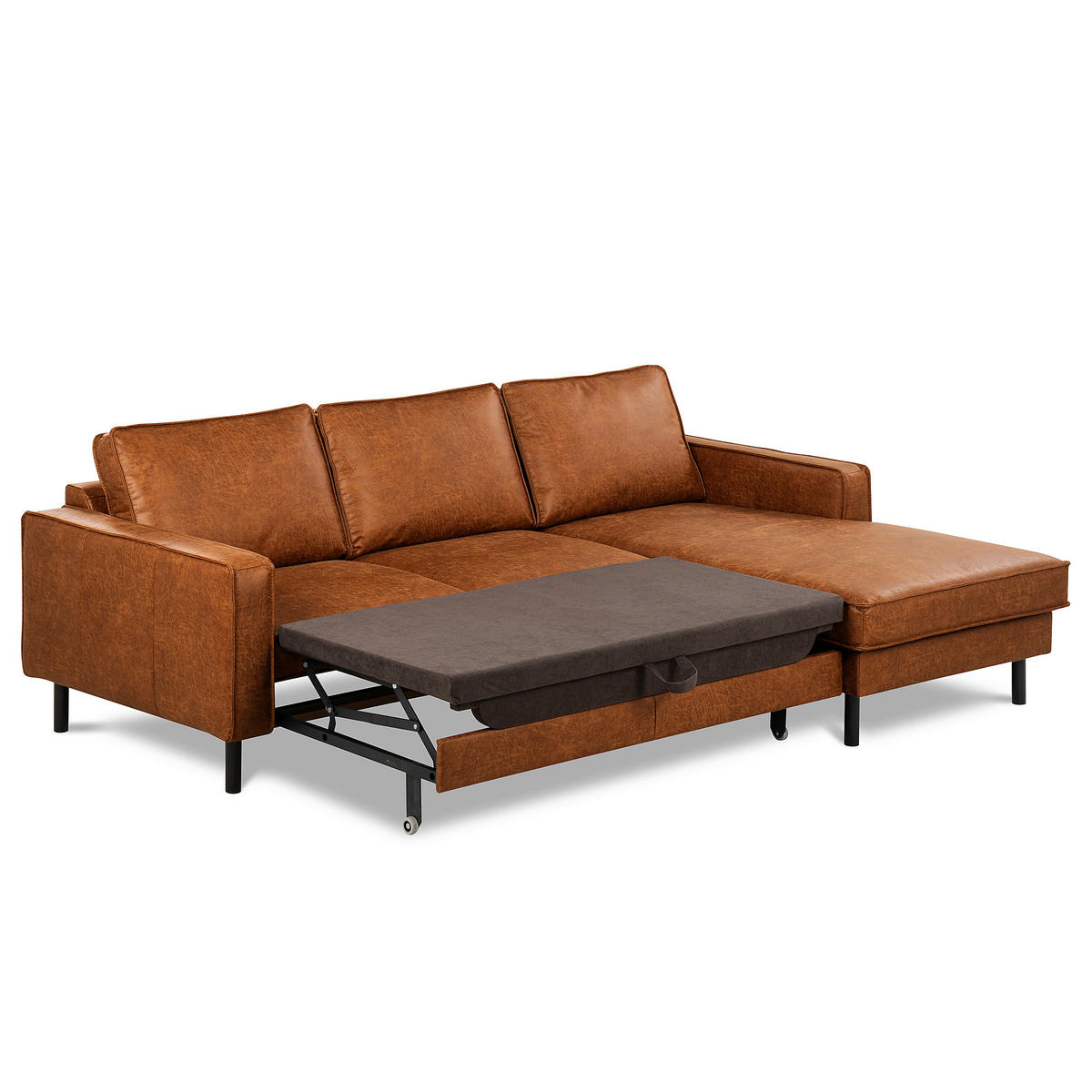 ECKSOFA Cognac Echtleder Lederlook Bettkasten, Schlaffunktion, Rücken echt  - Cognac/Schwarz, Design, Leder/Textil (166/238cm) - Livetastic